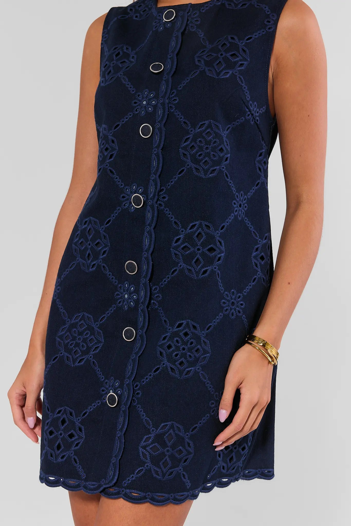 Navy Eyelet Button Up Short Dress