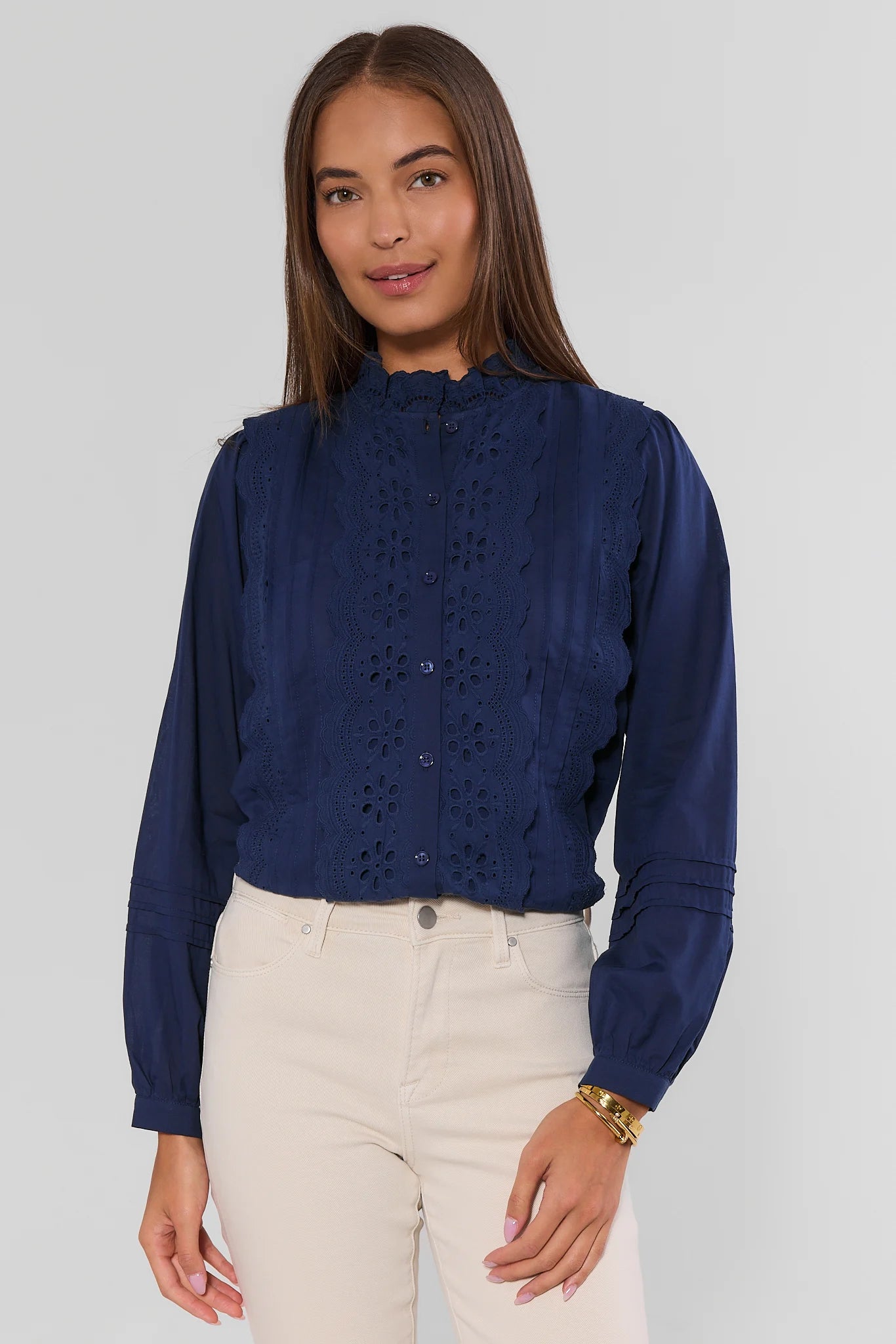 Blue Eyelet Detail Button Up Top