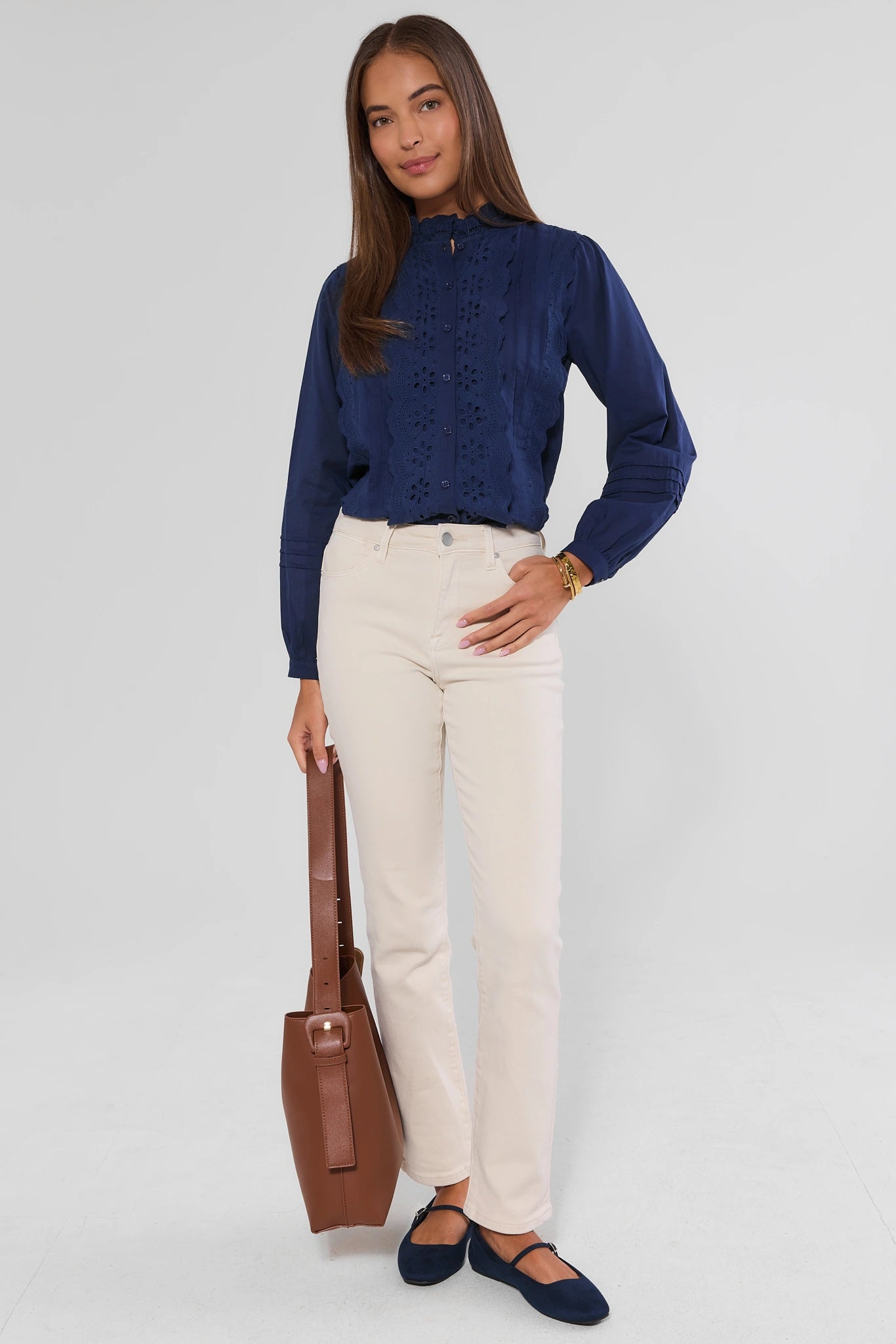 Blue Eyelet Detail Button Up Top