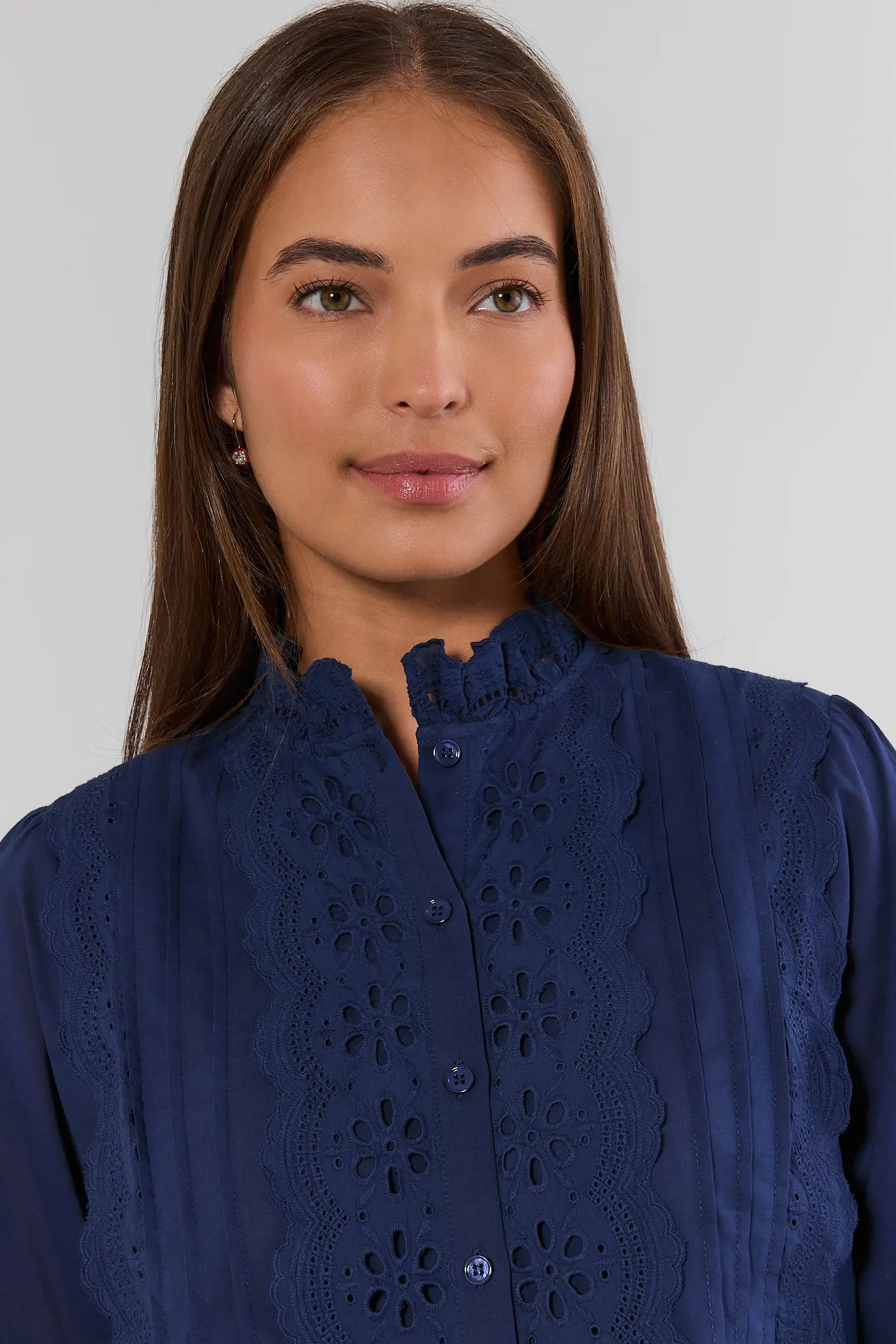 Blue Eyelet Detail Button Up Top