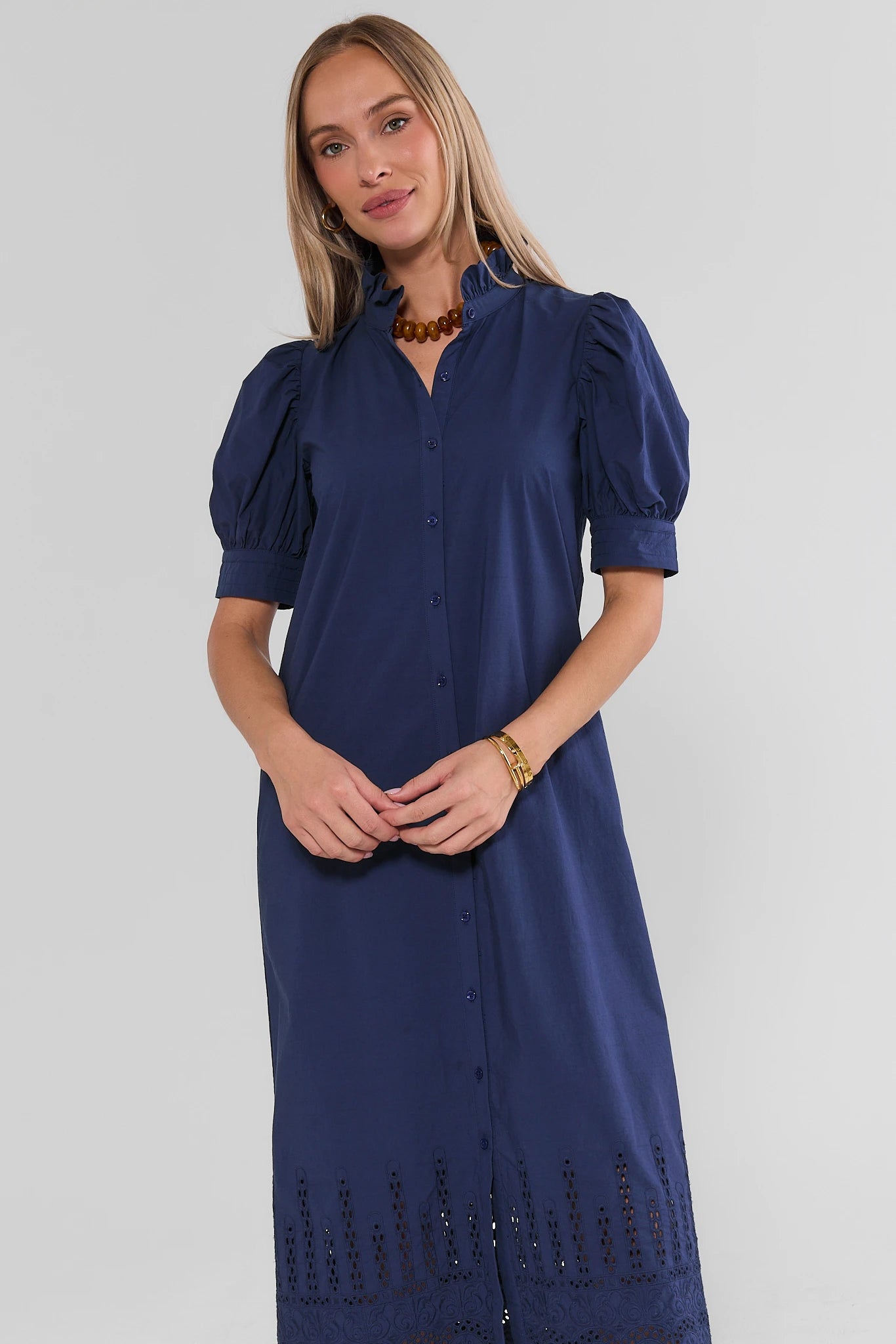 Navy Eyelet Trim Maxi Dress