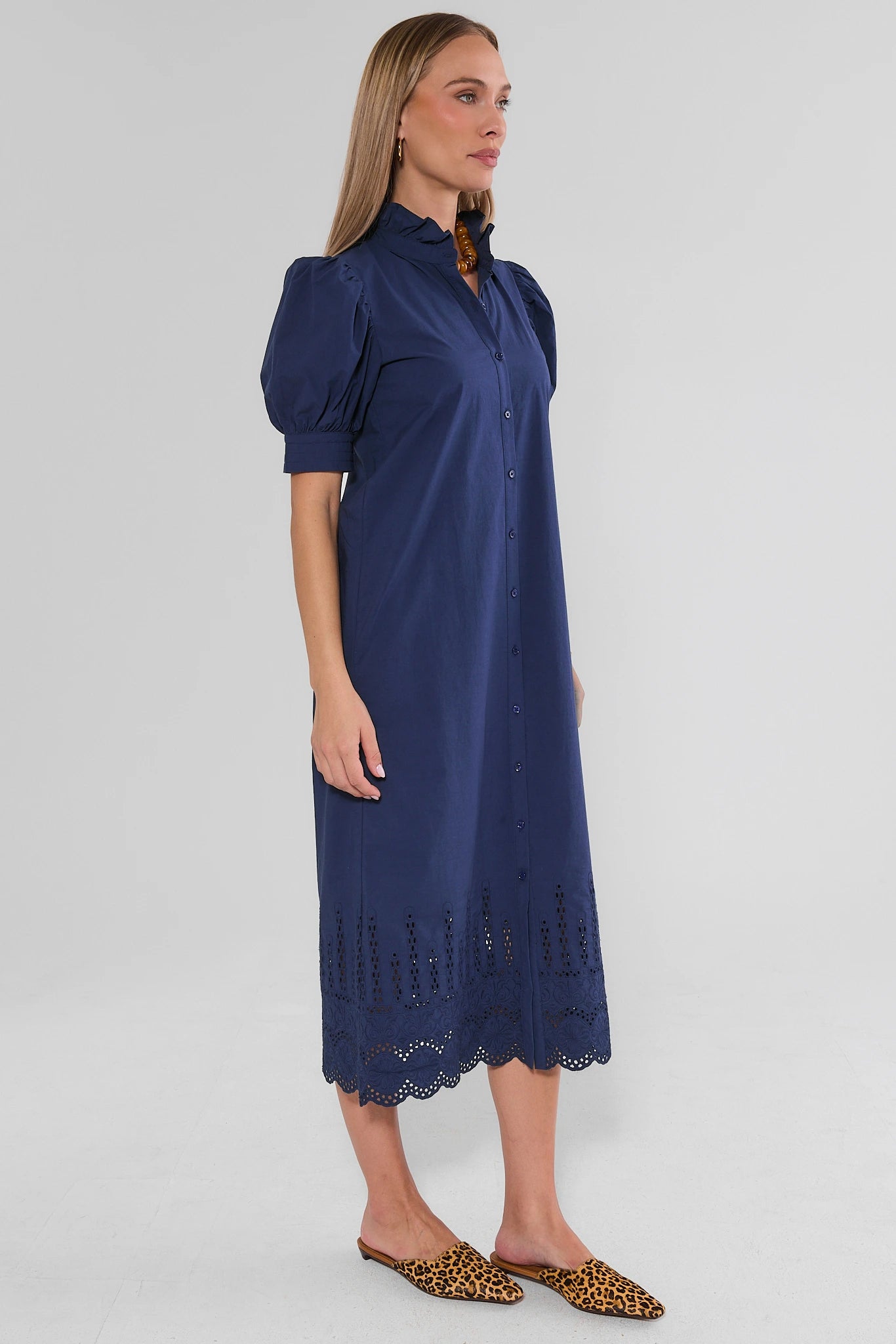 Navy Eyelet Trim Maxi Dress