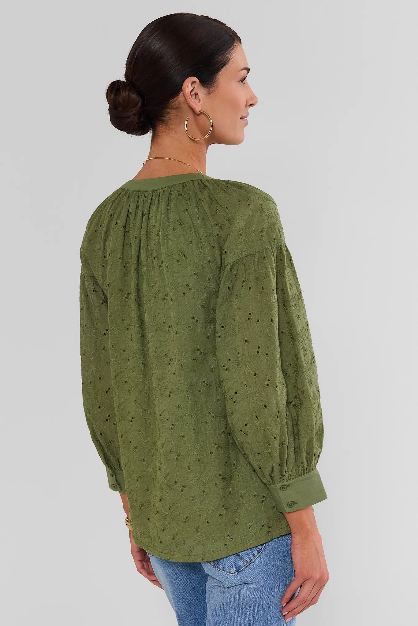 Green Floral Eyelet Split Neck Top