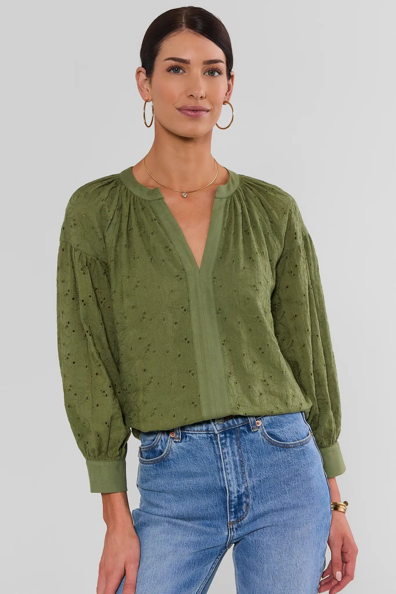 Green Floral Eyelet Split Neck Top