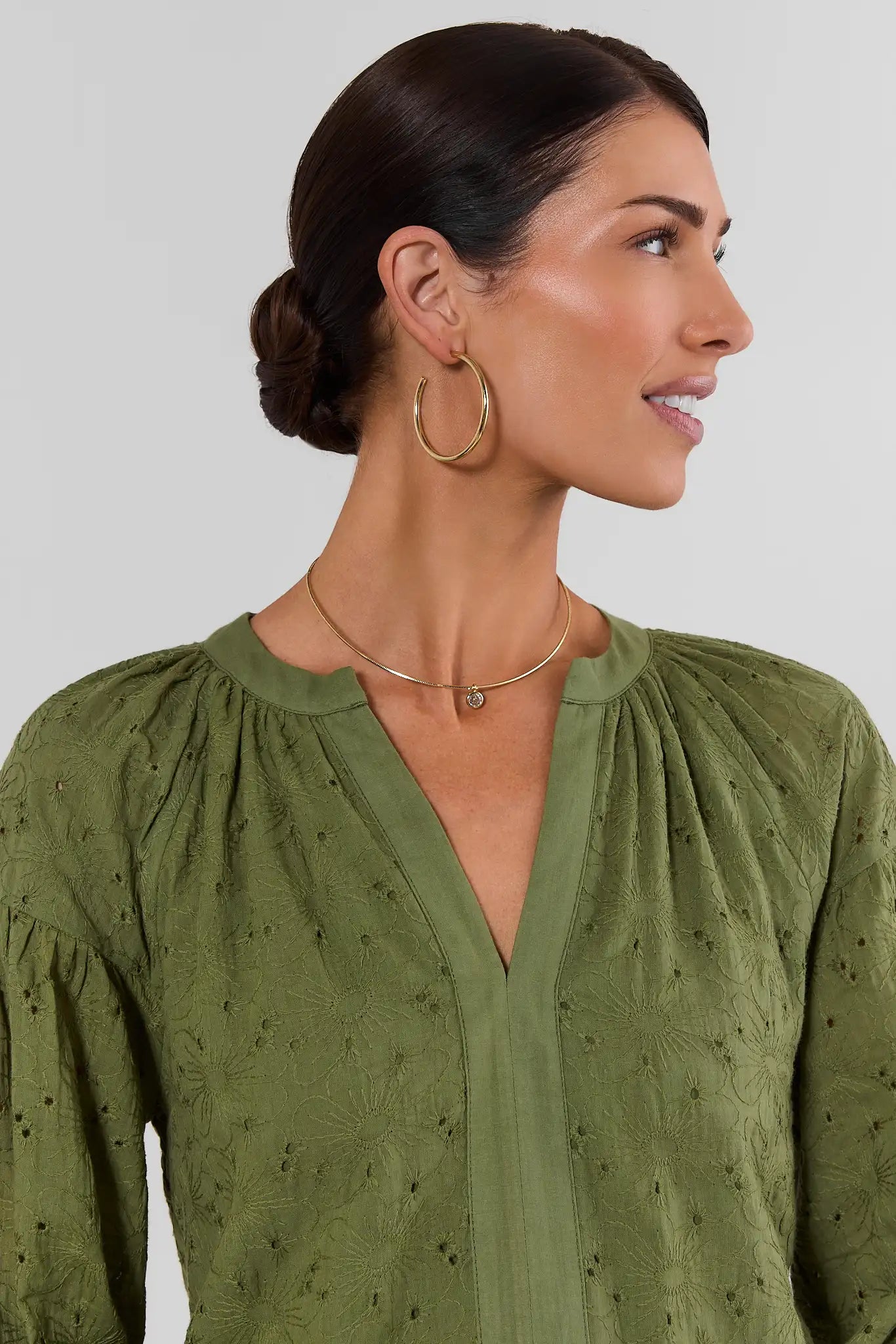 Green Floral Eyelet Split Neck Top