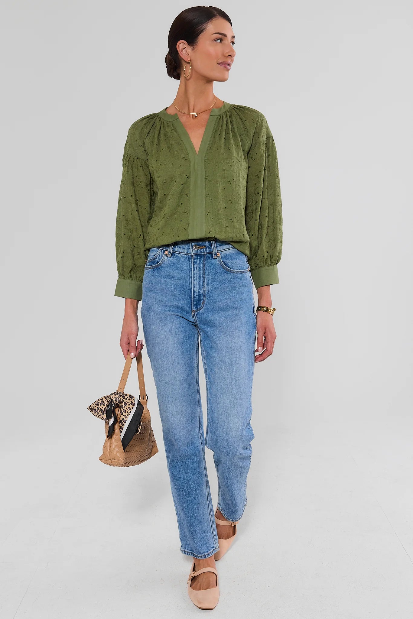 Green Floral Eyelet Split Neck Top