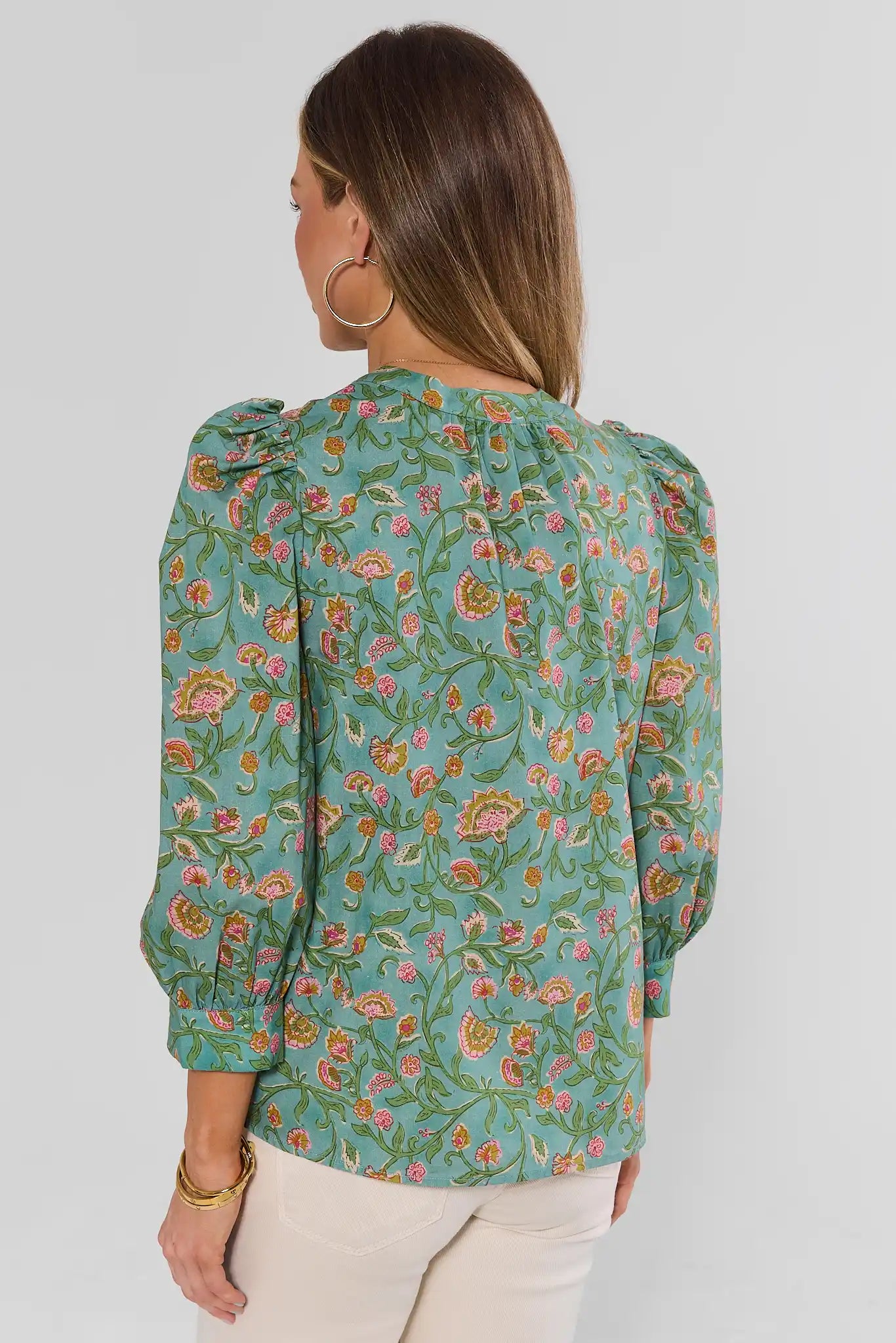 Green Floral Print Button Up Top