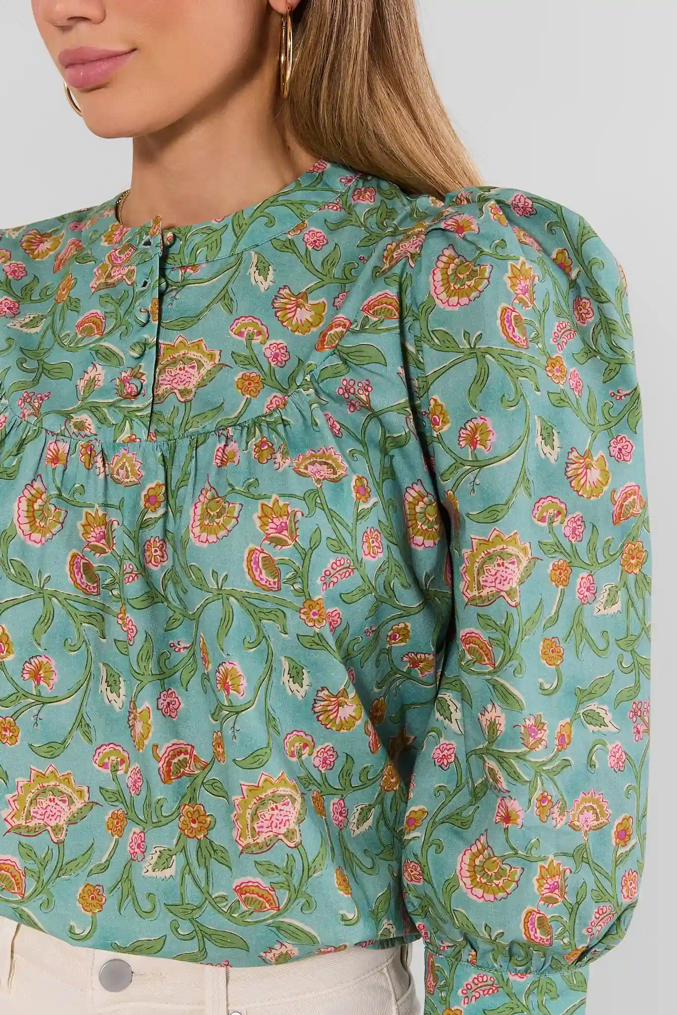 Green Floral Print Button Up Top