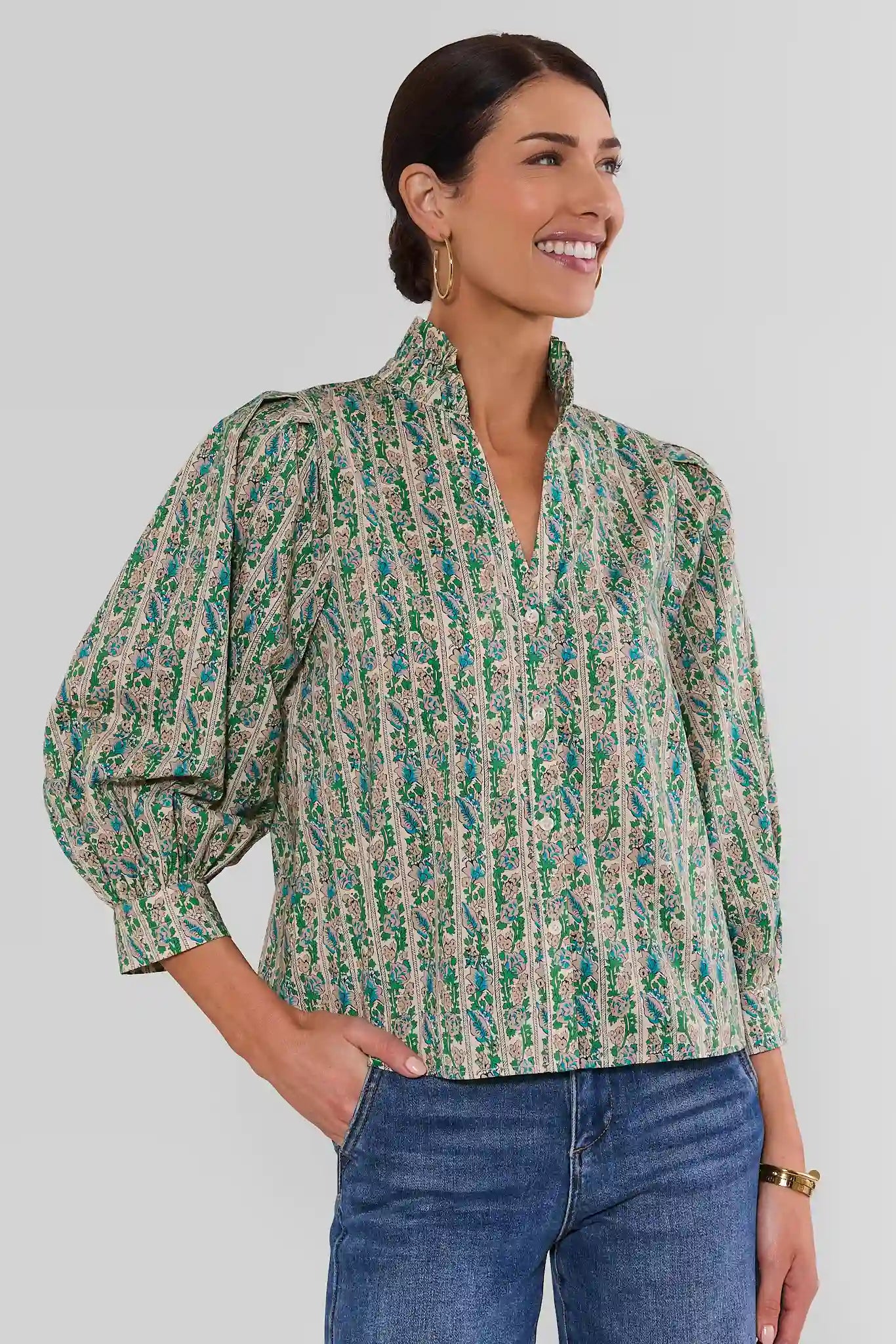 Katie Green Striped Floral Top