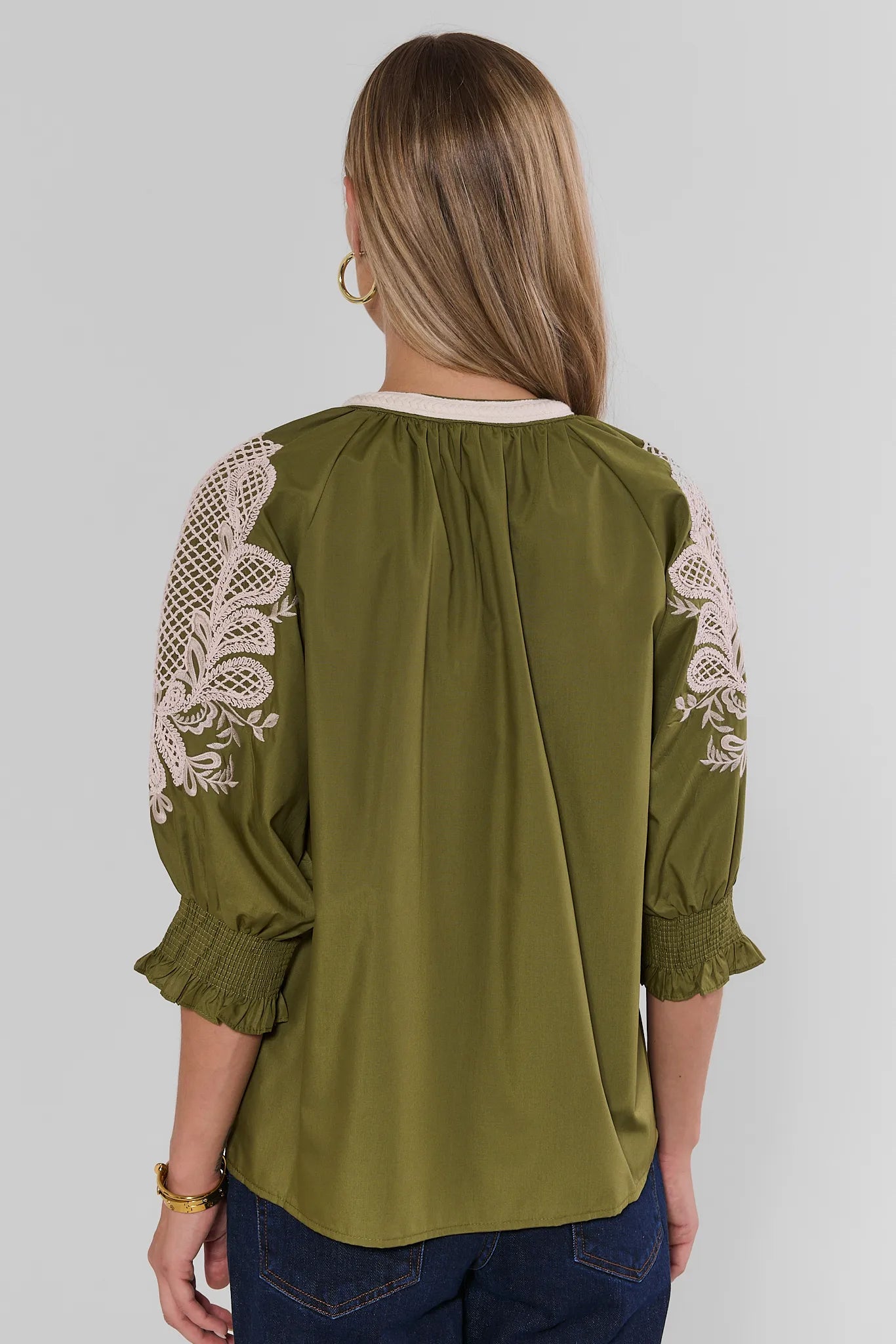 Iris Green Embroidered Split Neck Top