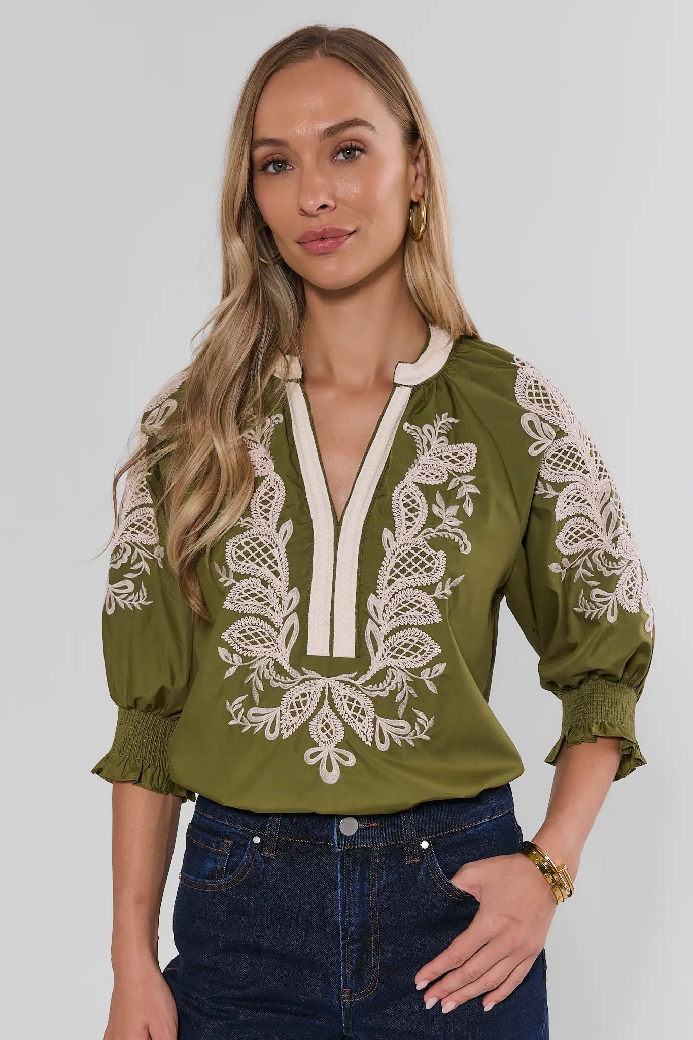 Iris Green Embroidered Split Neck Top