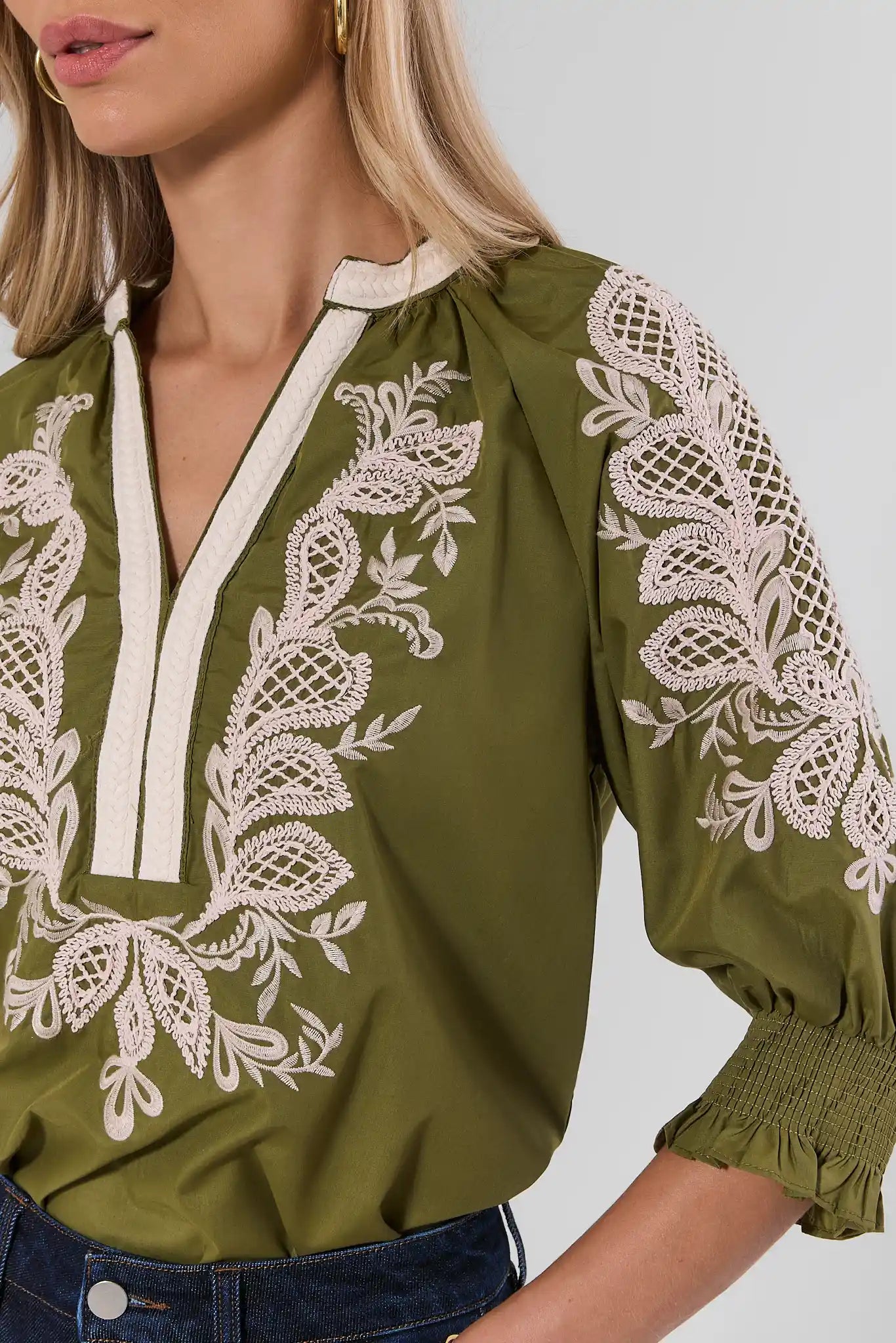 Iris Green Embroidered Split Neck Top