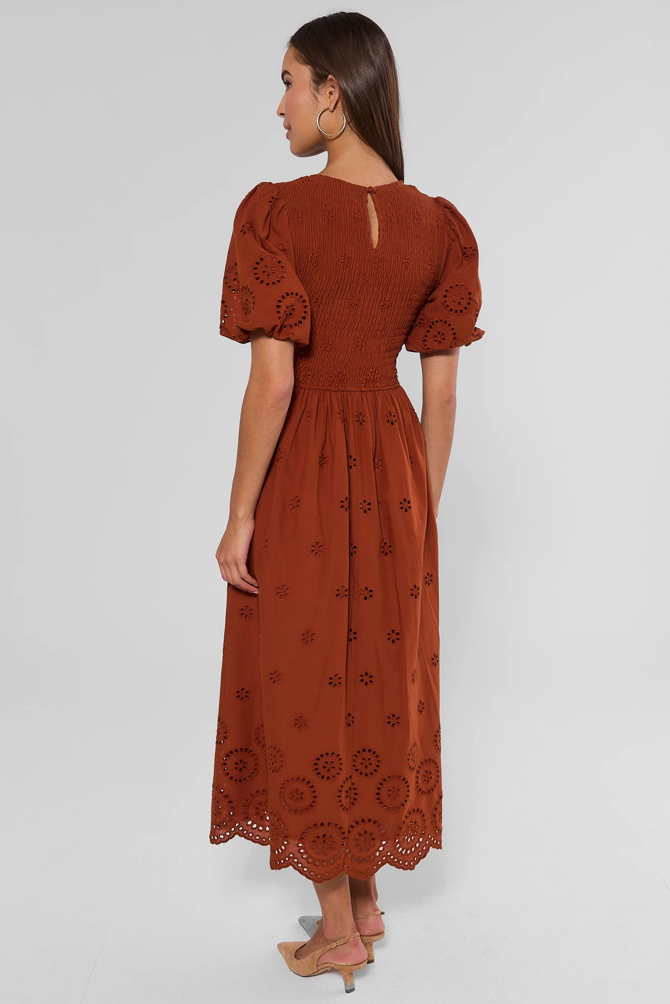 Rust Smocked Eyelet Detail Midi Dress