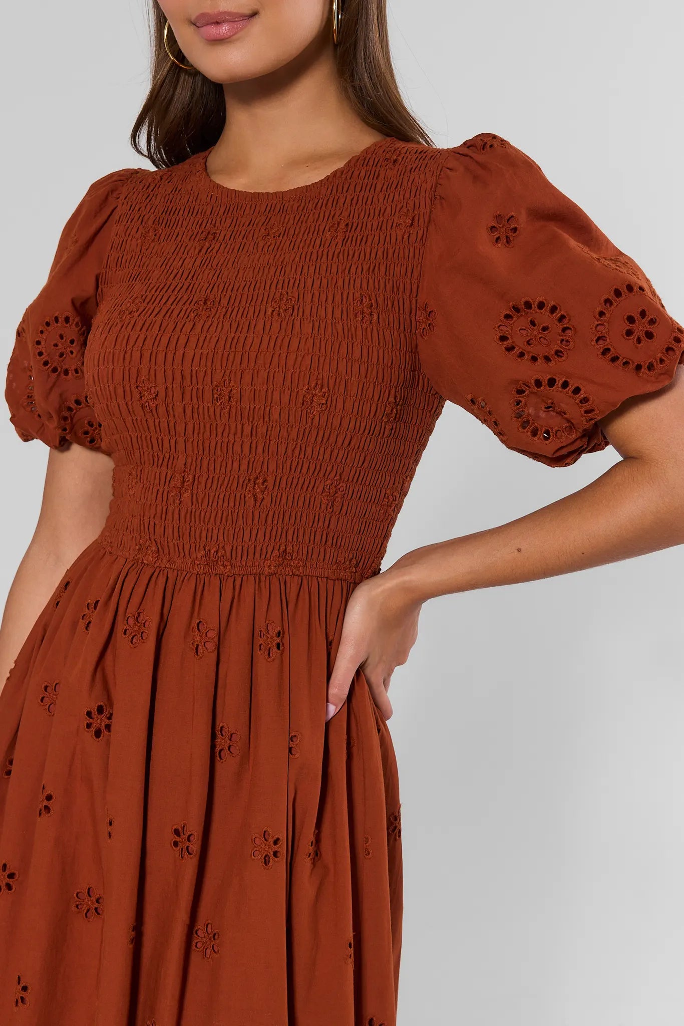 Rust Smocked Eyelet Detail Midi Dress