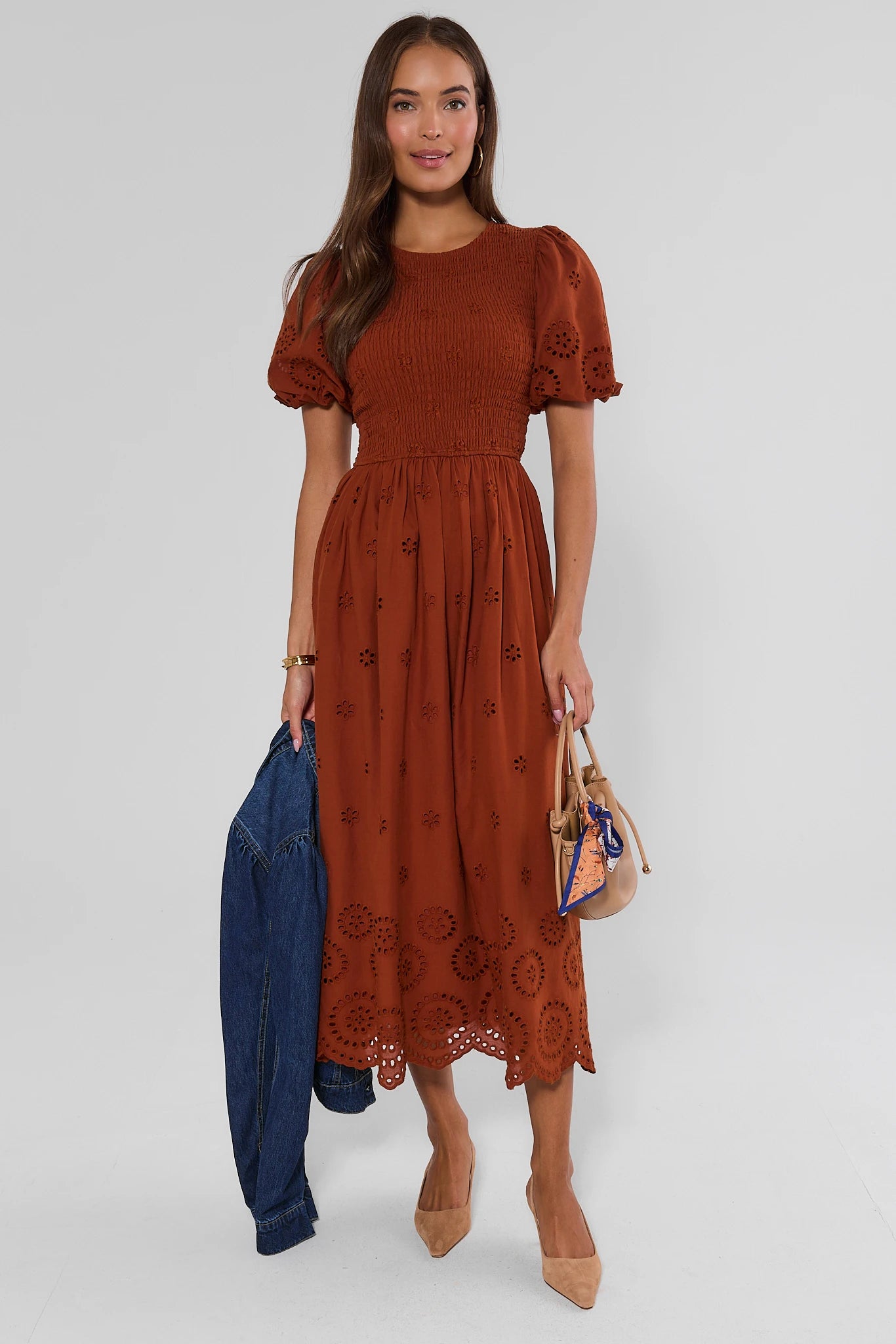 Rust Smocked Eyelet Detail Midi Dress