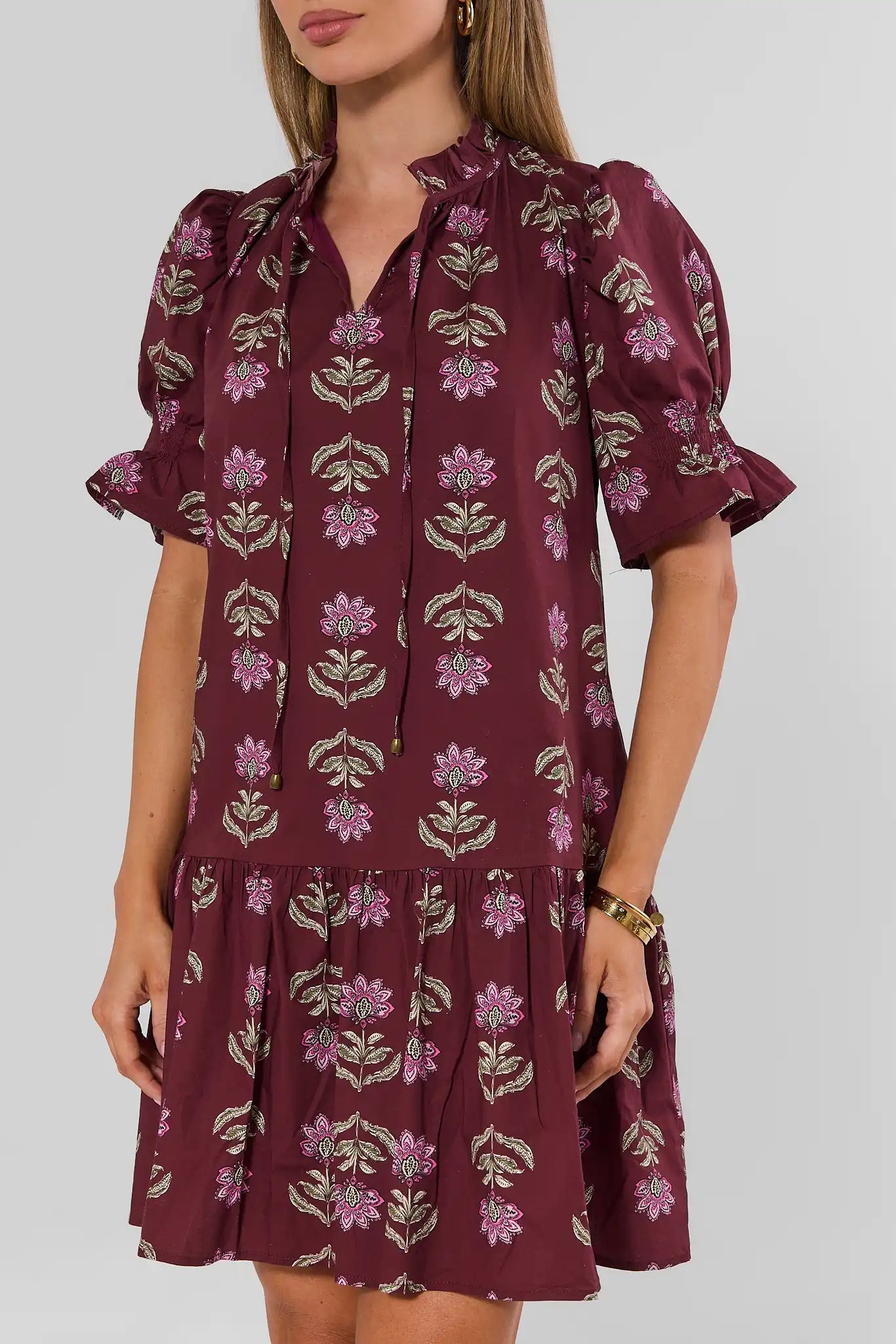 Ariel Burgundy Floral Print Short Dress