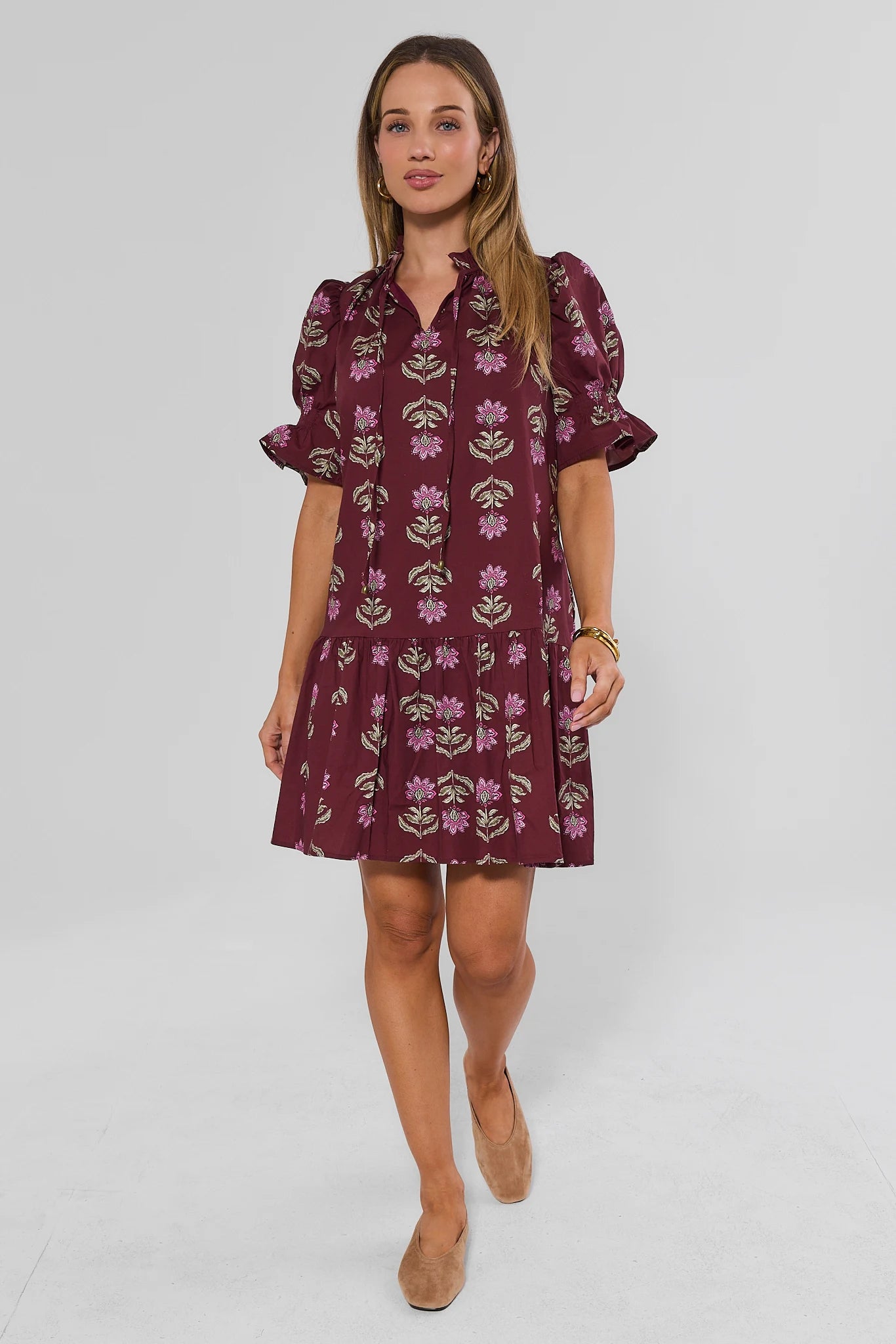 Ariel Burgundy Floral Print Short Dress
