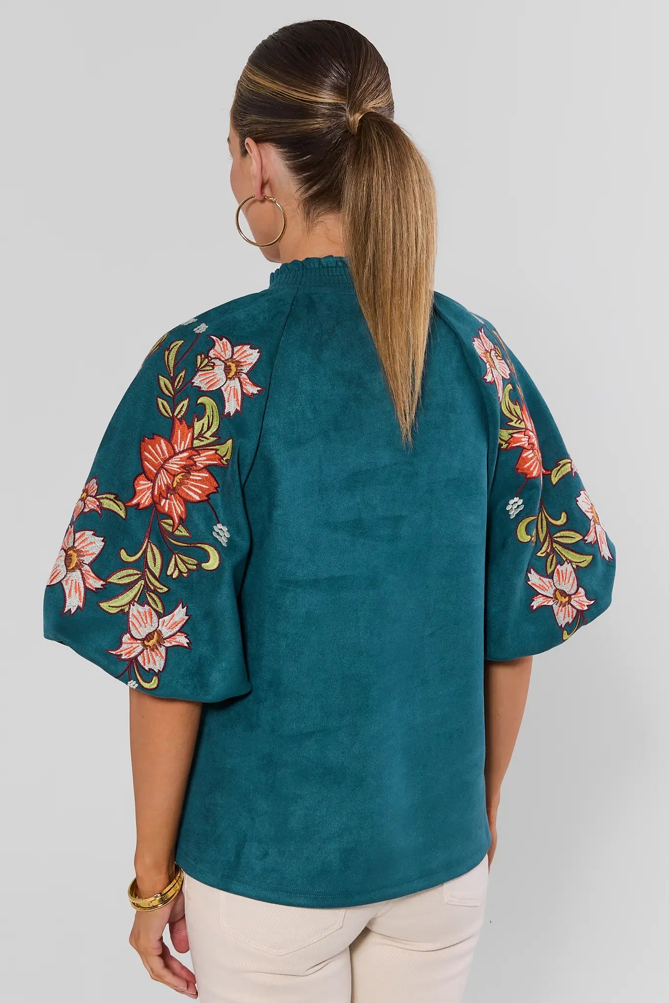 Teal Faux Suede Embroidered Top by THML