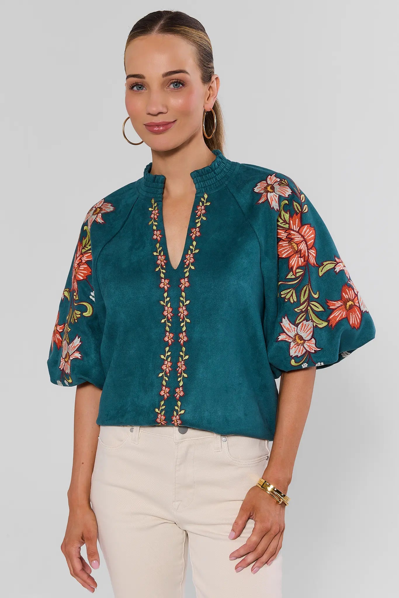 Teal Faux Suede Embroidered Top by THML