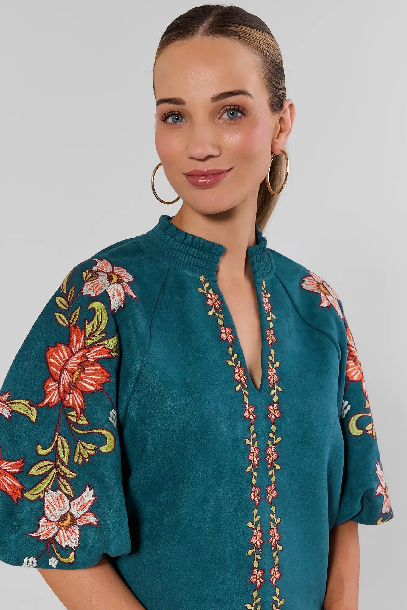 Teal Faux Suede Embroidered Top by THML