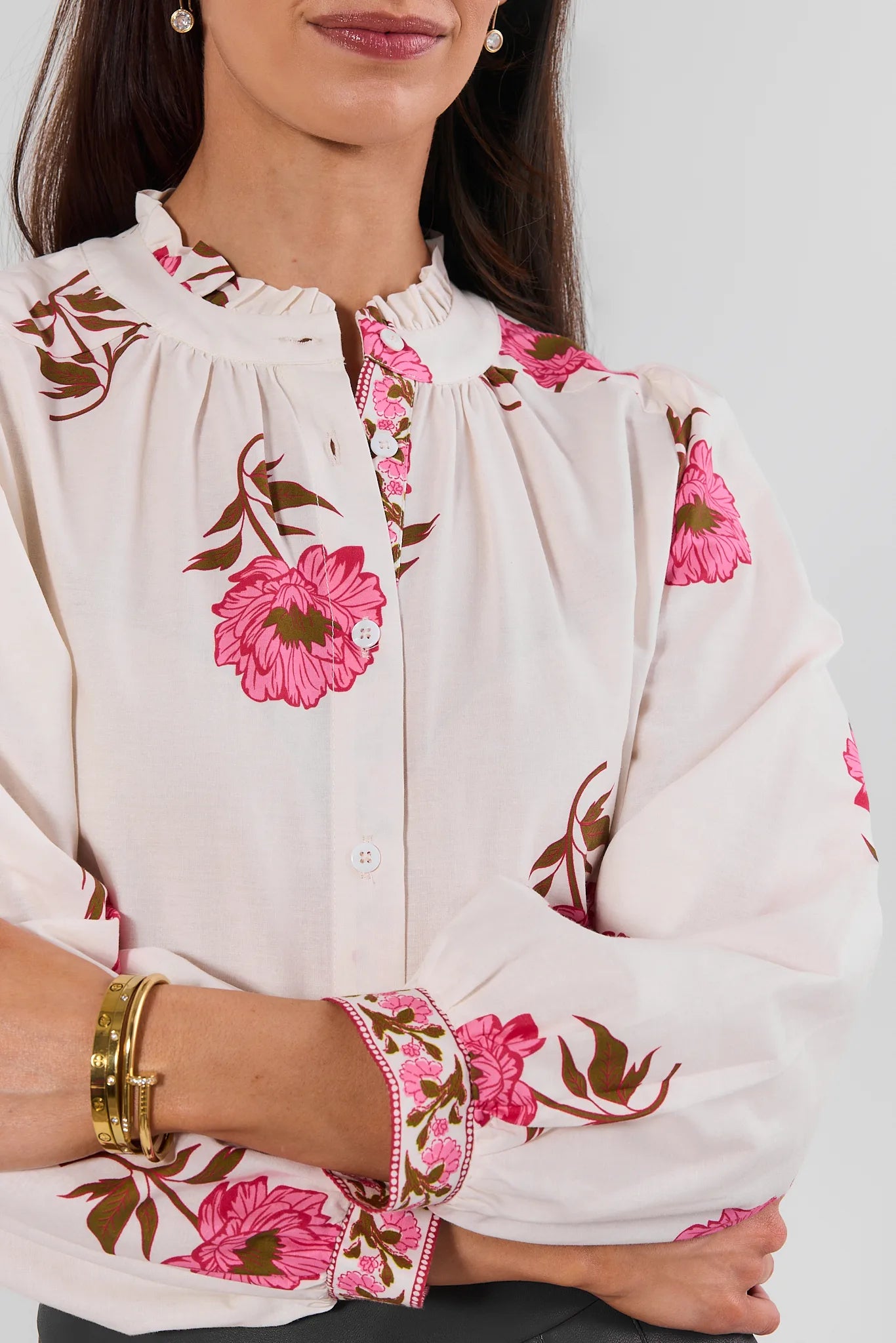 White Floral Button Up Top by THML