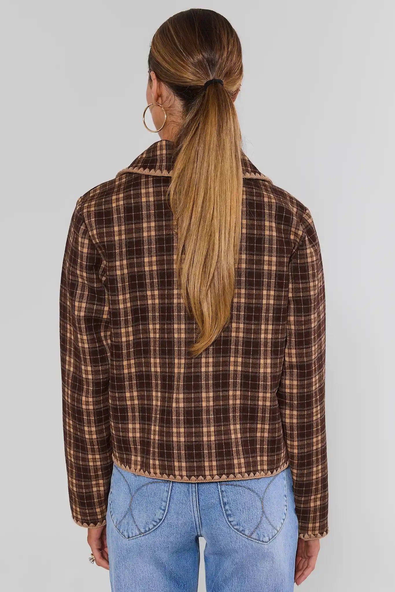 Brown Plaid Embroidered Trim Jacket