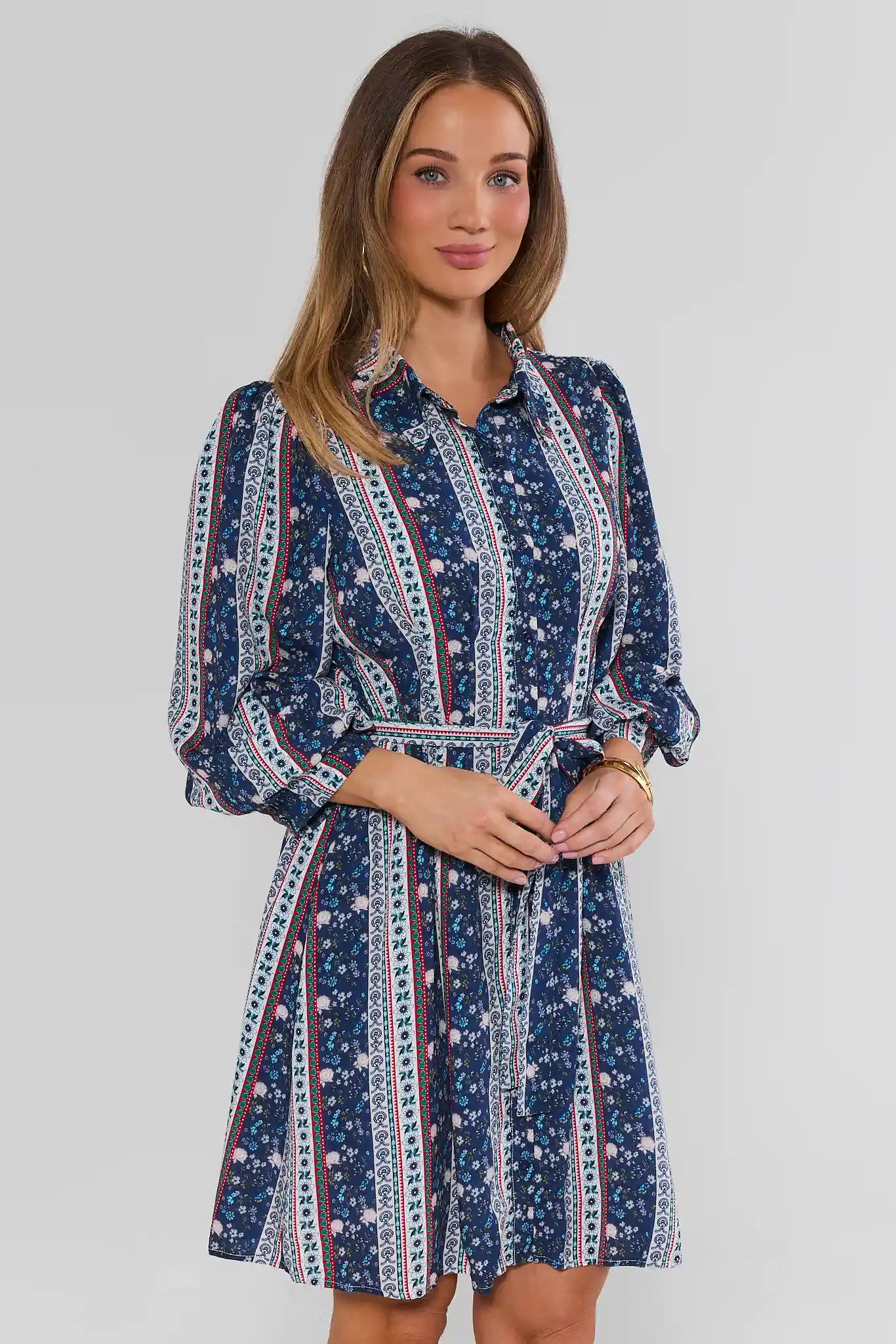 Navy Floral Print Collared Short Dress