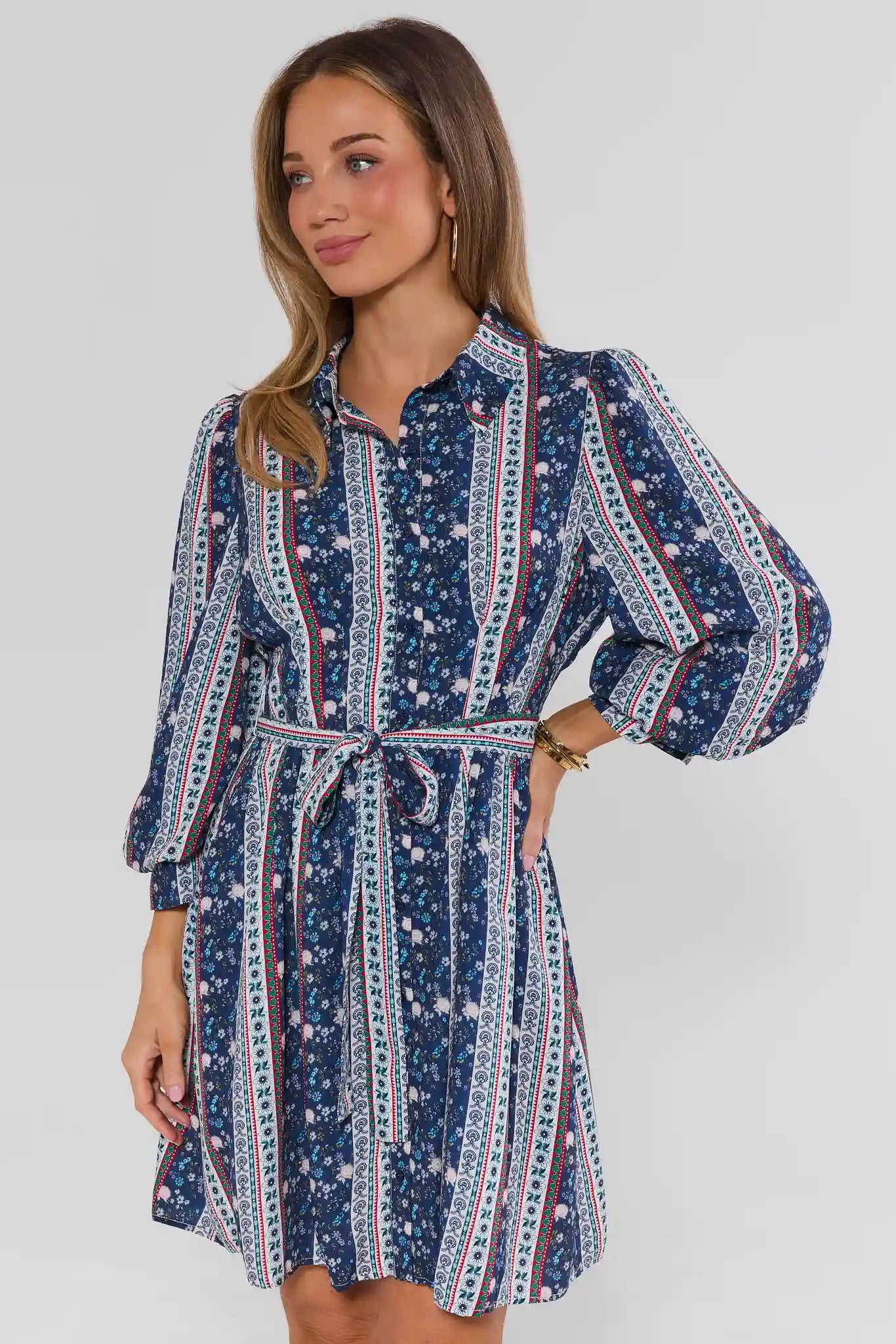 Navy Floral Print Collared Short Dress