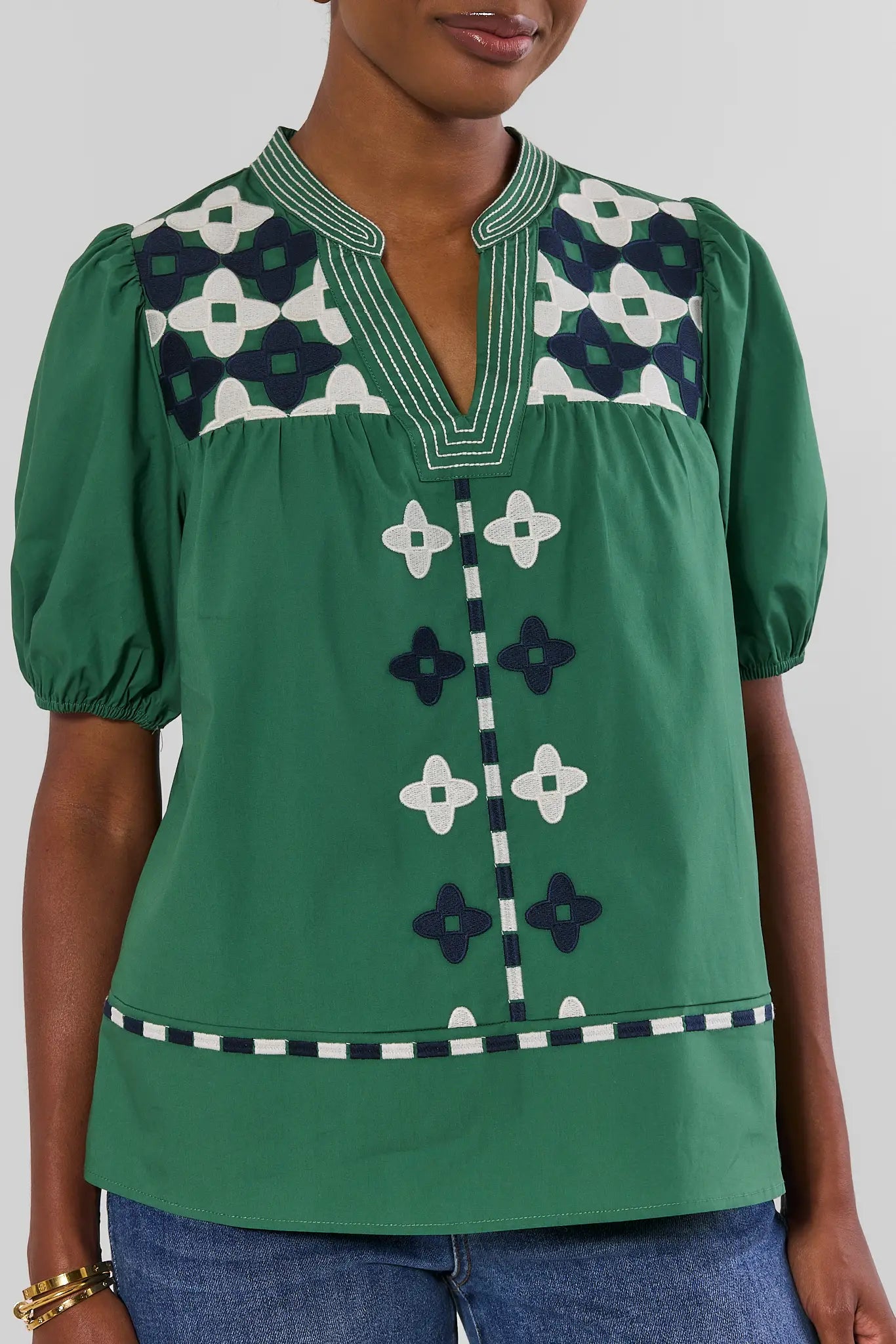 Green Contrast Embroidery Split Neck Top