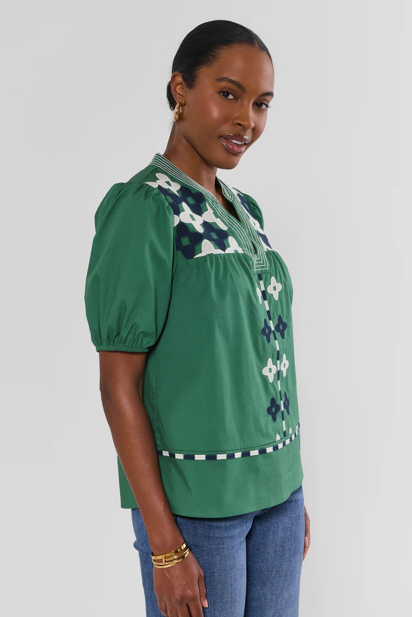Green Contrast Embroidery Split Neck Top