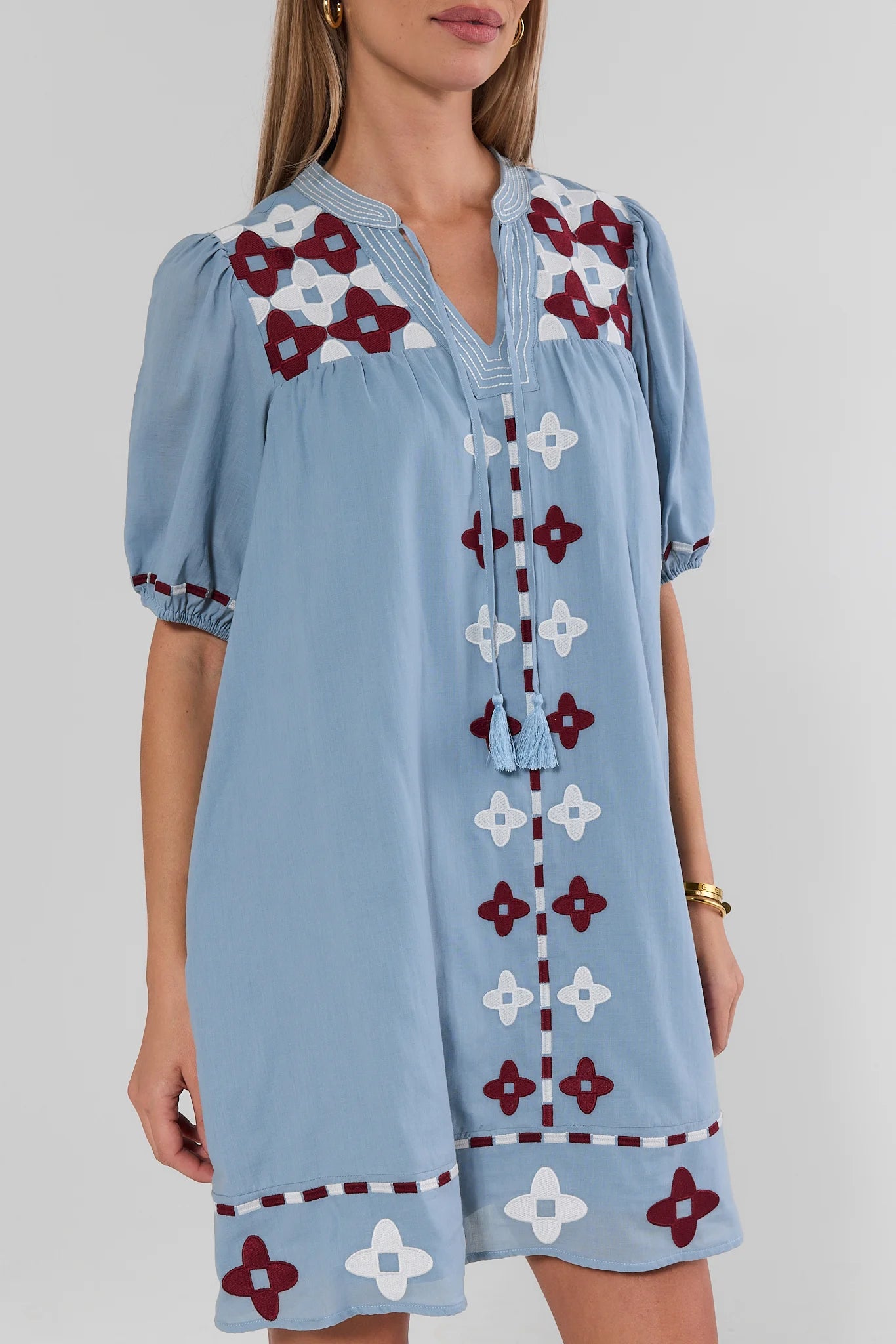 Blue Embroidered Tassel Detail Short Dress