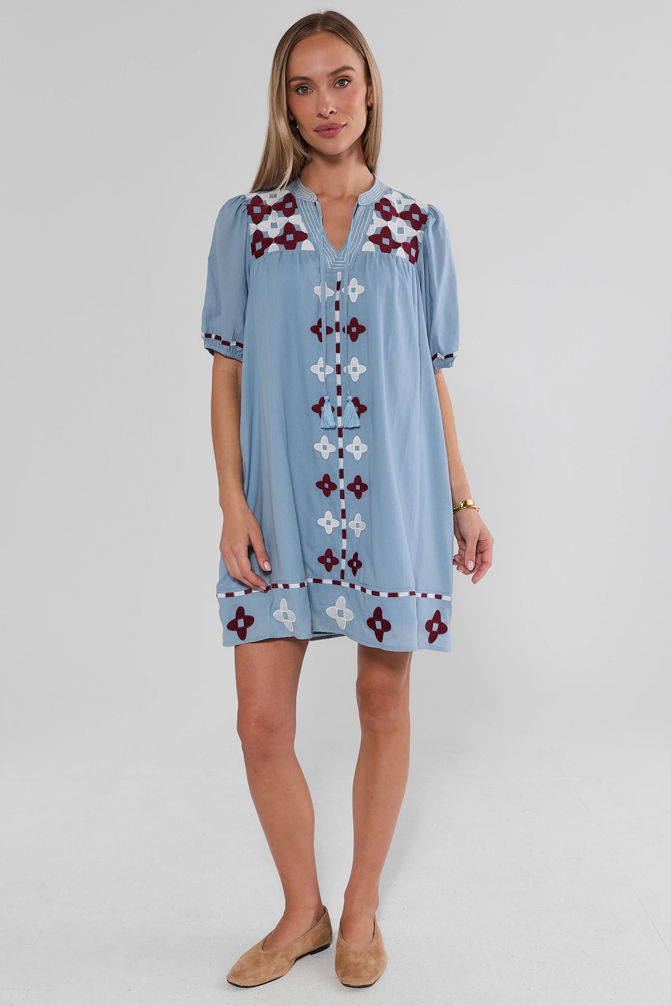 Blue Embroidered Tassel Detail Short Dress