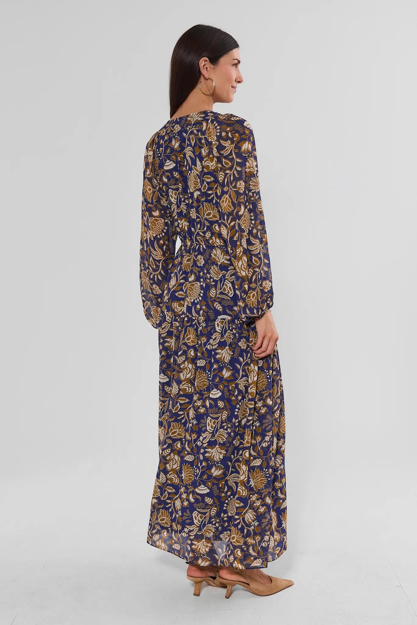 Navy Floral Print Long Sleeve Midi Dress