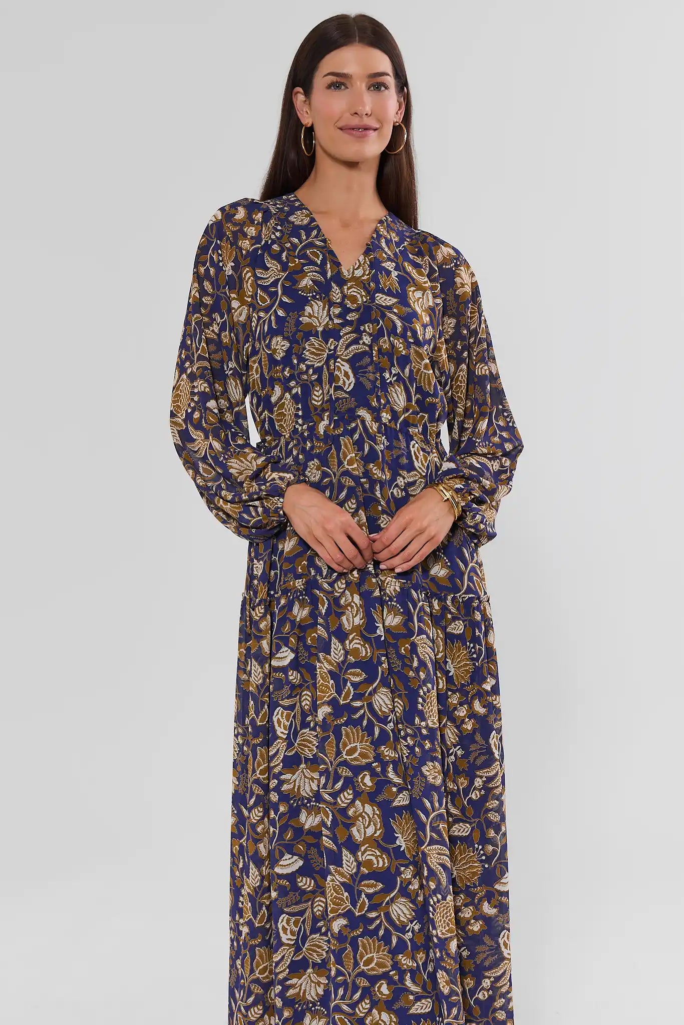 Navy Floral Print Long Sleeve Midi Dress