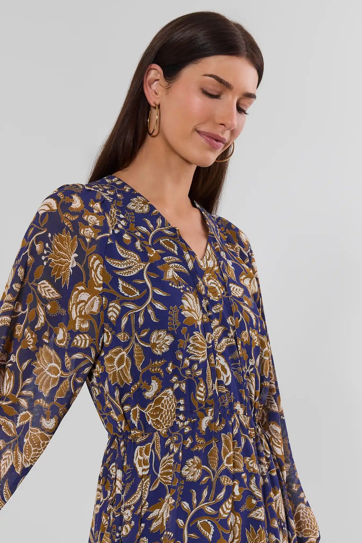 long sleeve navy floral dress Print Maxi Smocked stretch bodice with Size:Korean  L 52-60kg 230725GoogleF7 Black Velvet Dress, Elegant