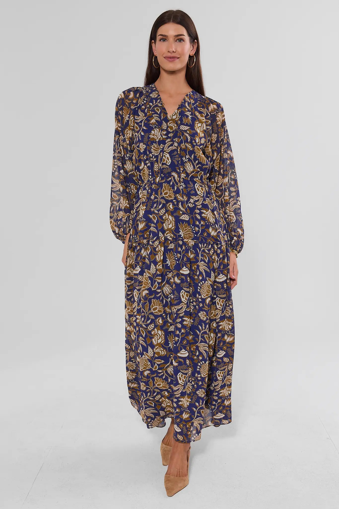 Navy Floral Print Long Sleeve Midi Dress