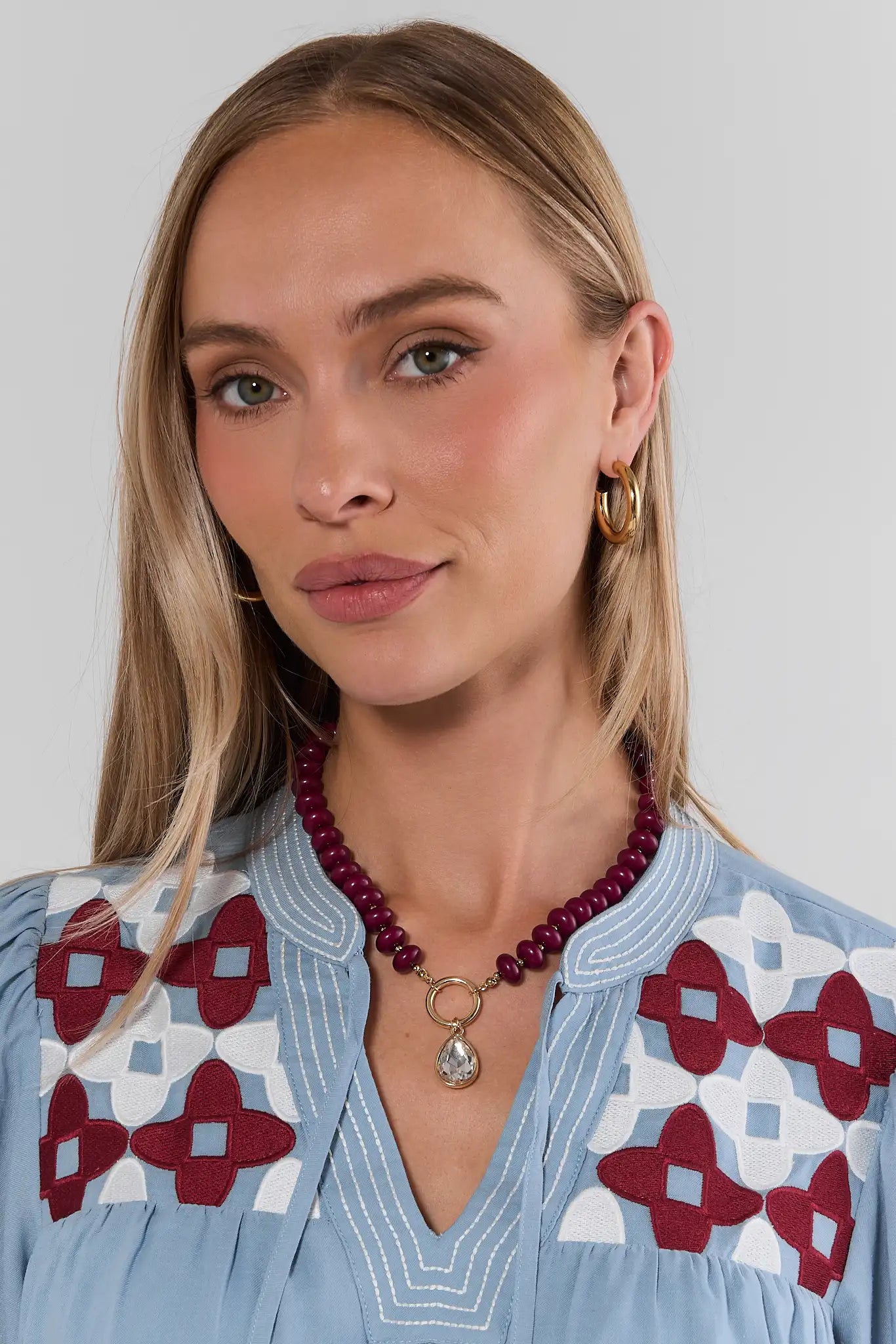 Burgundy Beaded Rhinestone Charm Necklace