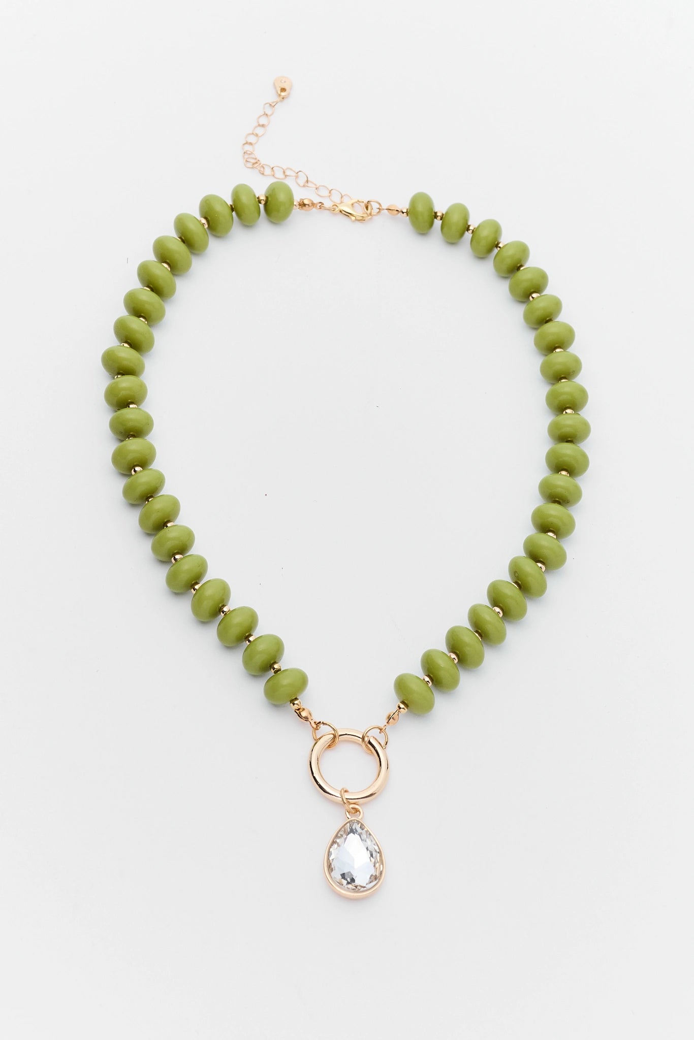 Green Beaded Rhinestone Charm Necklace