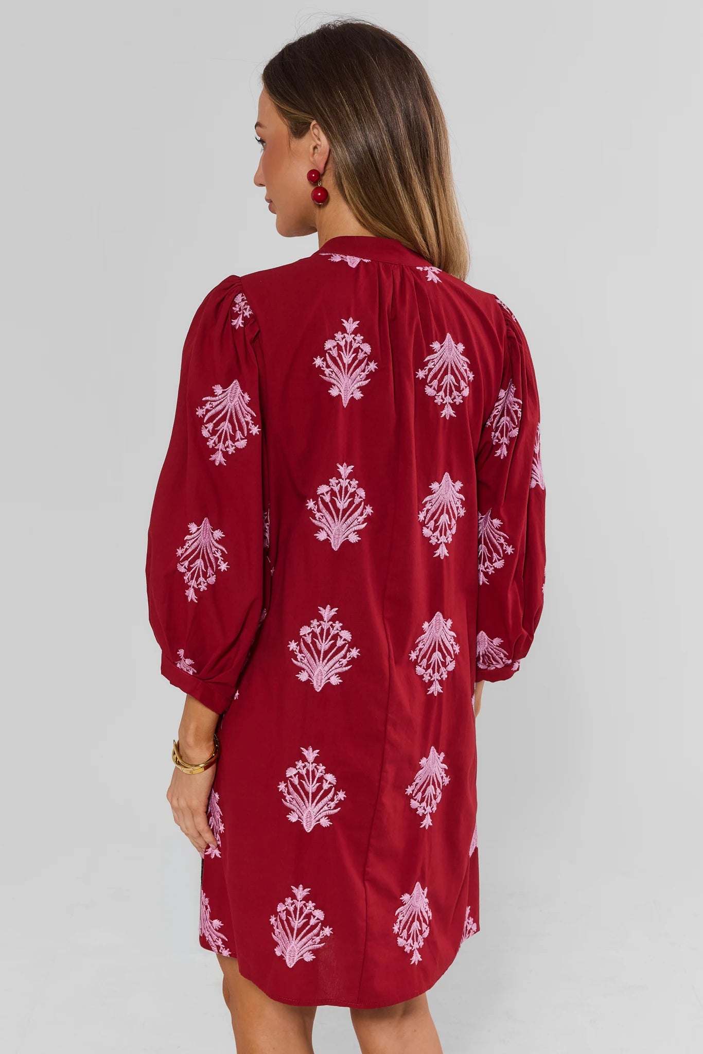 Burgundy Embroidered Split Neck Short Dress