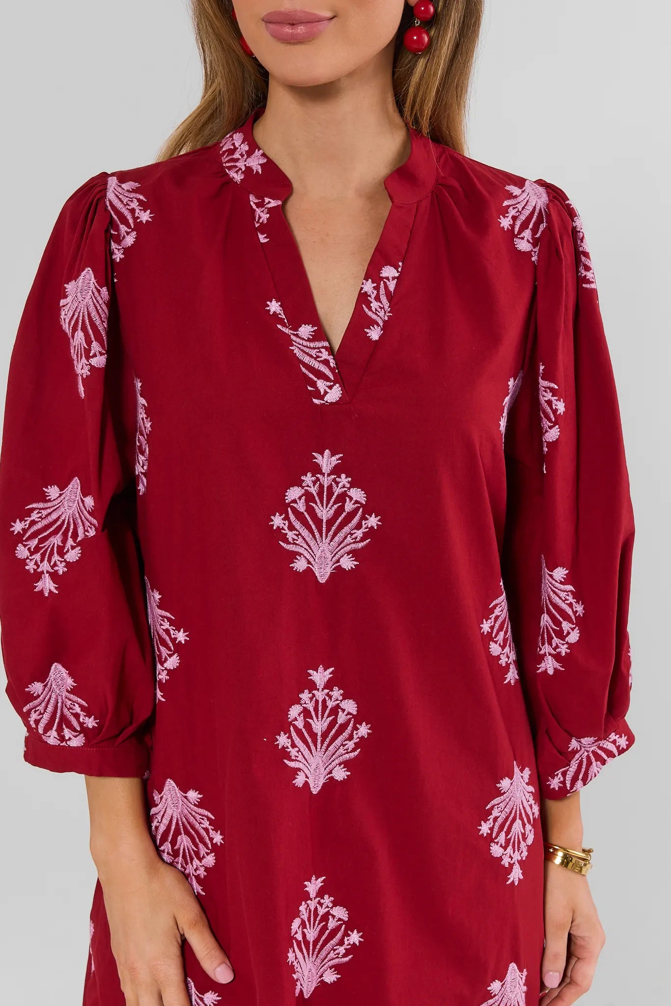 Burgundy Embroidered Split Neck Short Dress