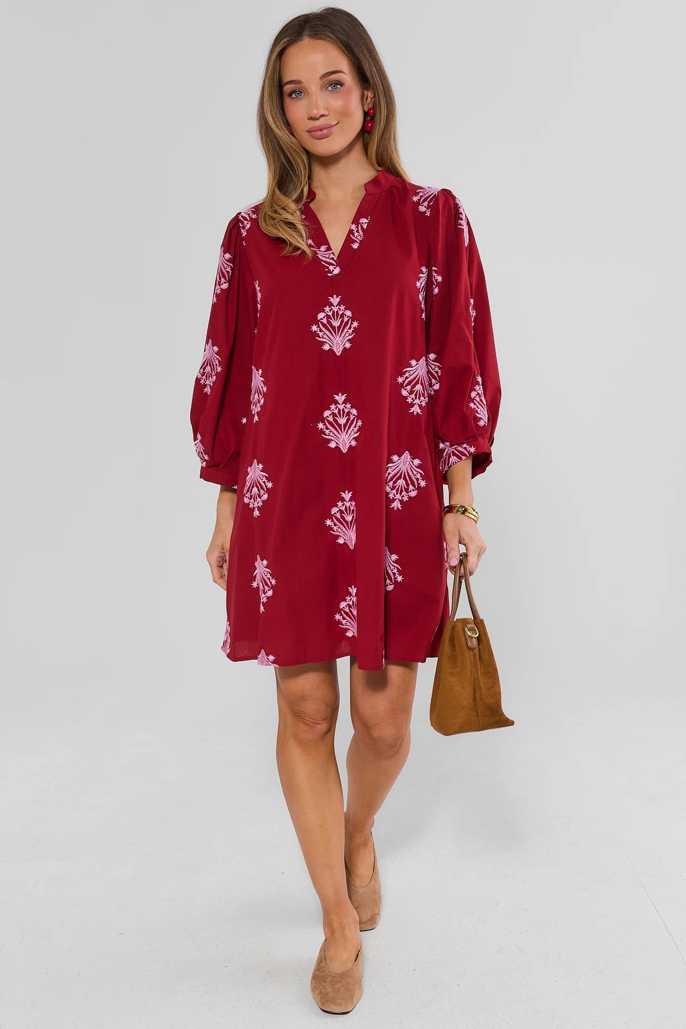 Burgundy Embroidered Split Neck Short Dress