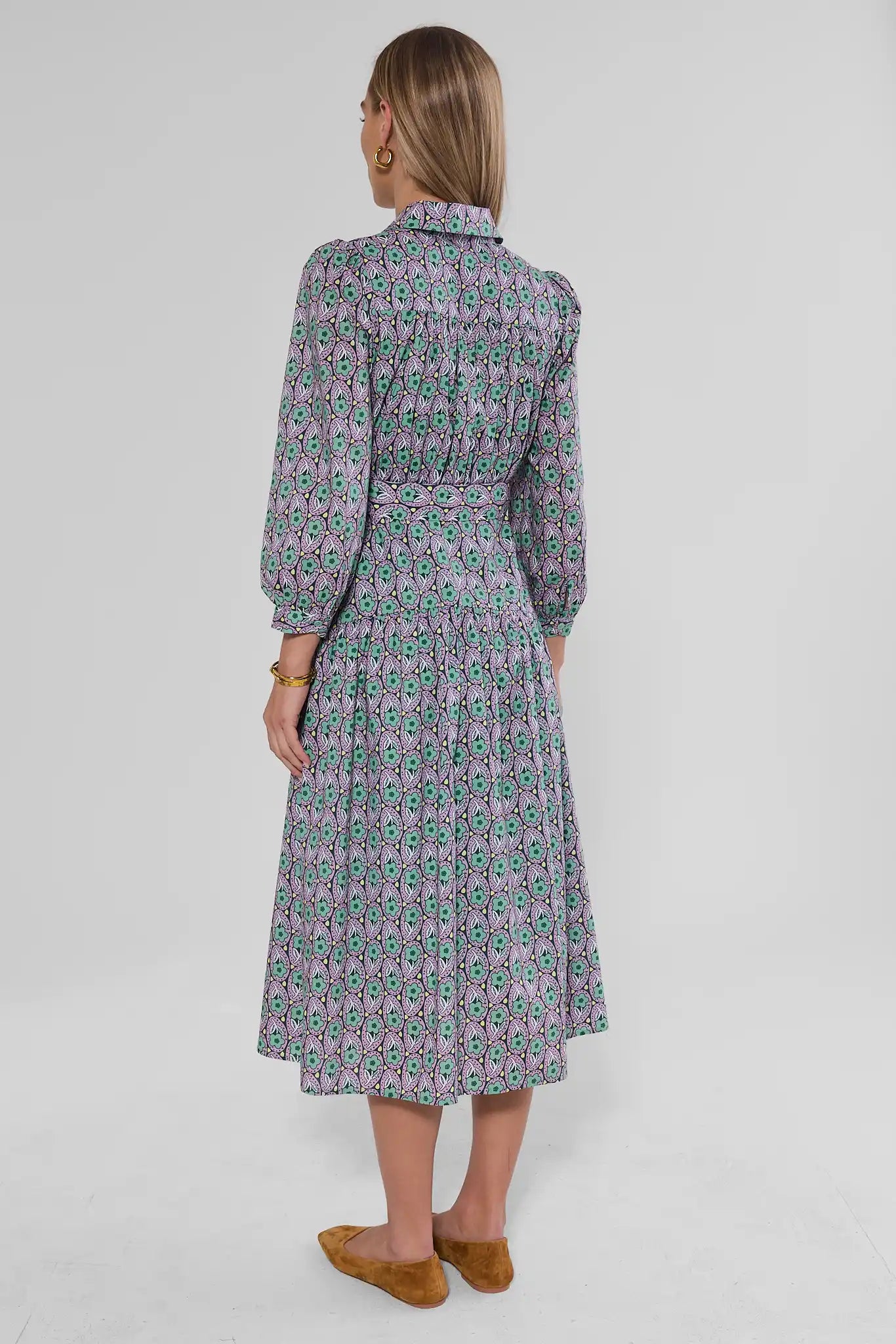 Green Floral Printed Collared Midi Dress