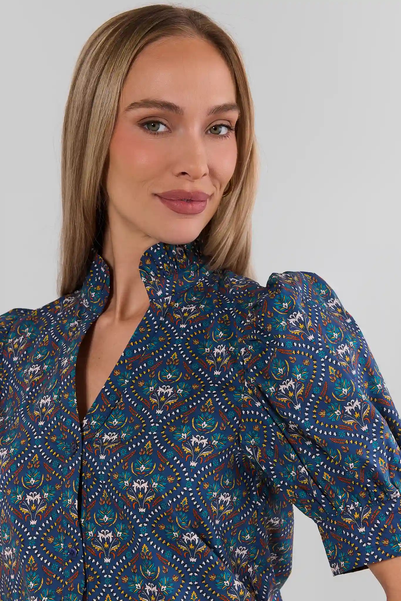 Allison Navy Printed Split Neck Top