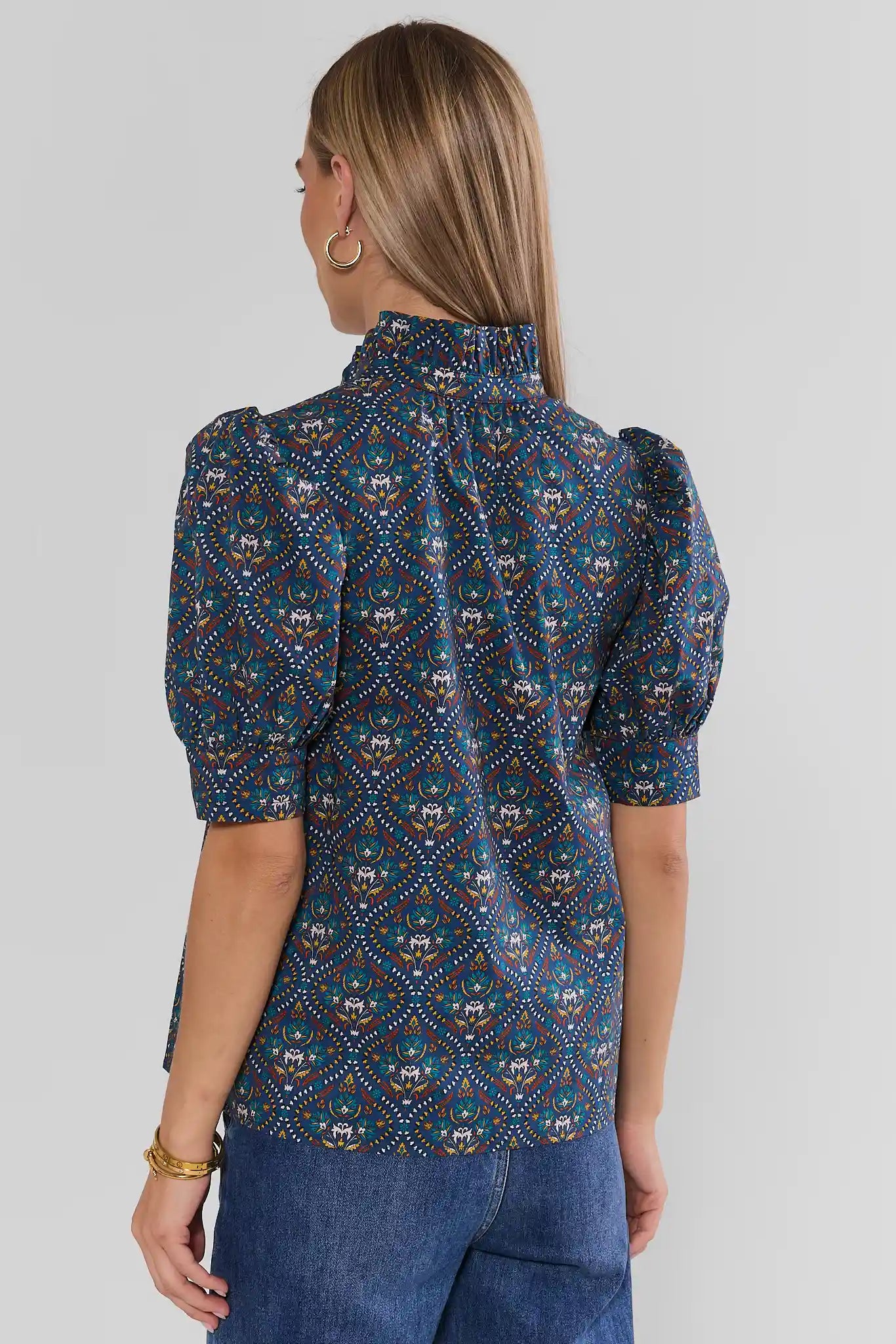 Allison Navy Printed Split Neck Top