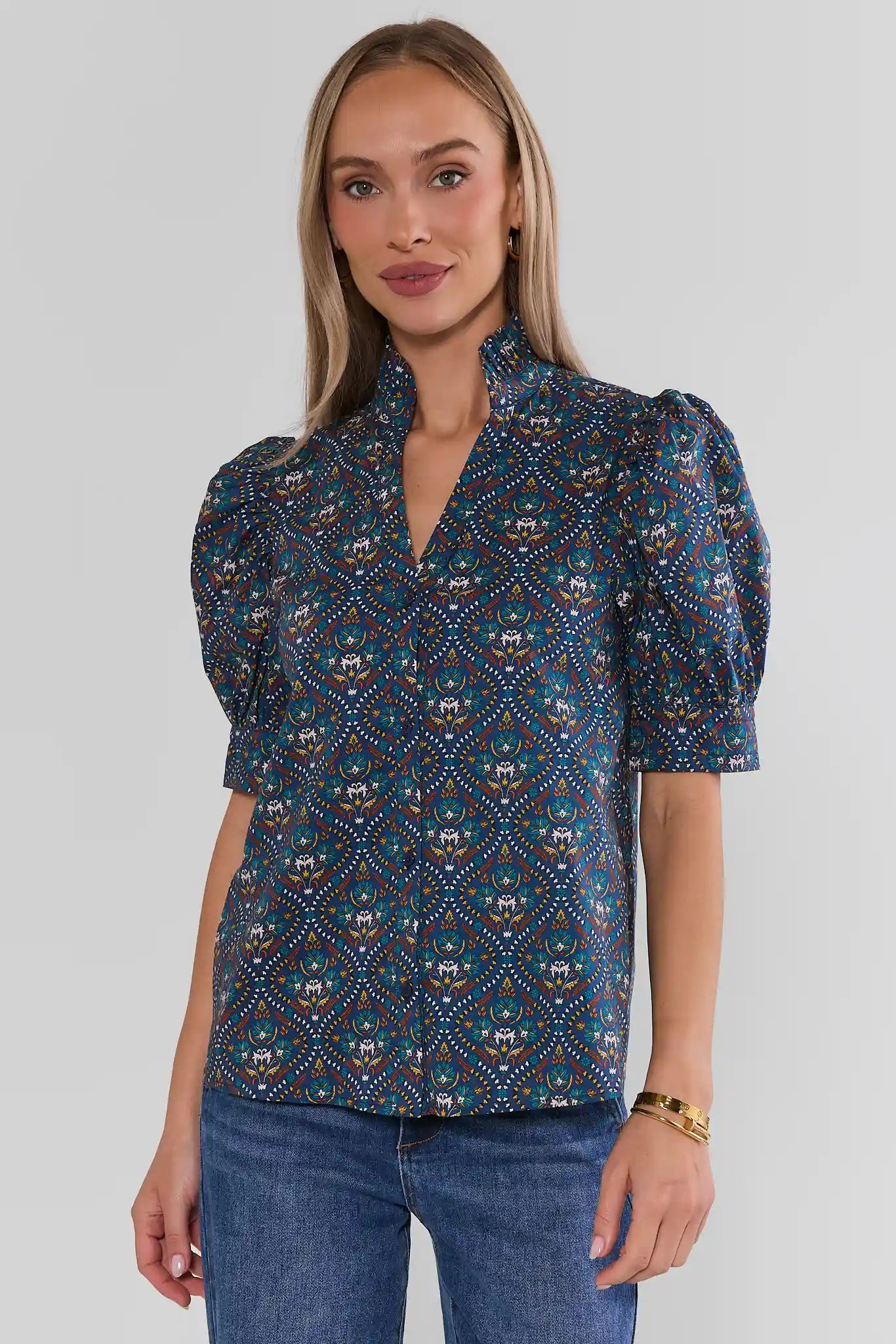 Allison Navy Printed Split Neck Top