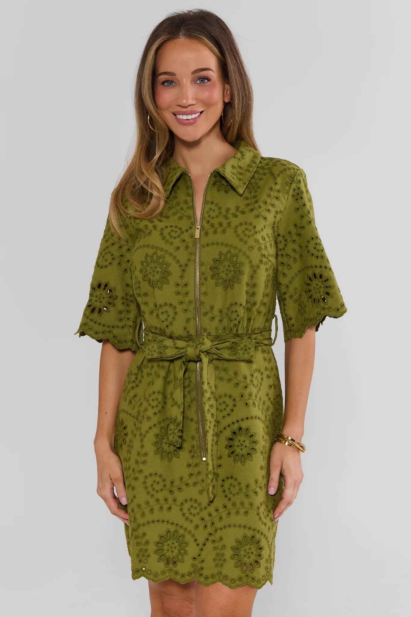 Green Eyelet Zip Up Short Dress