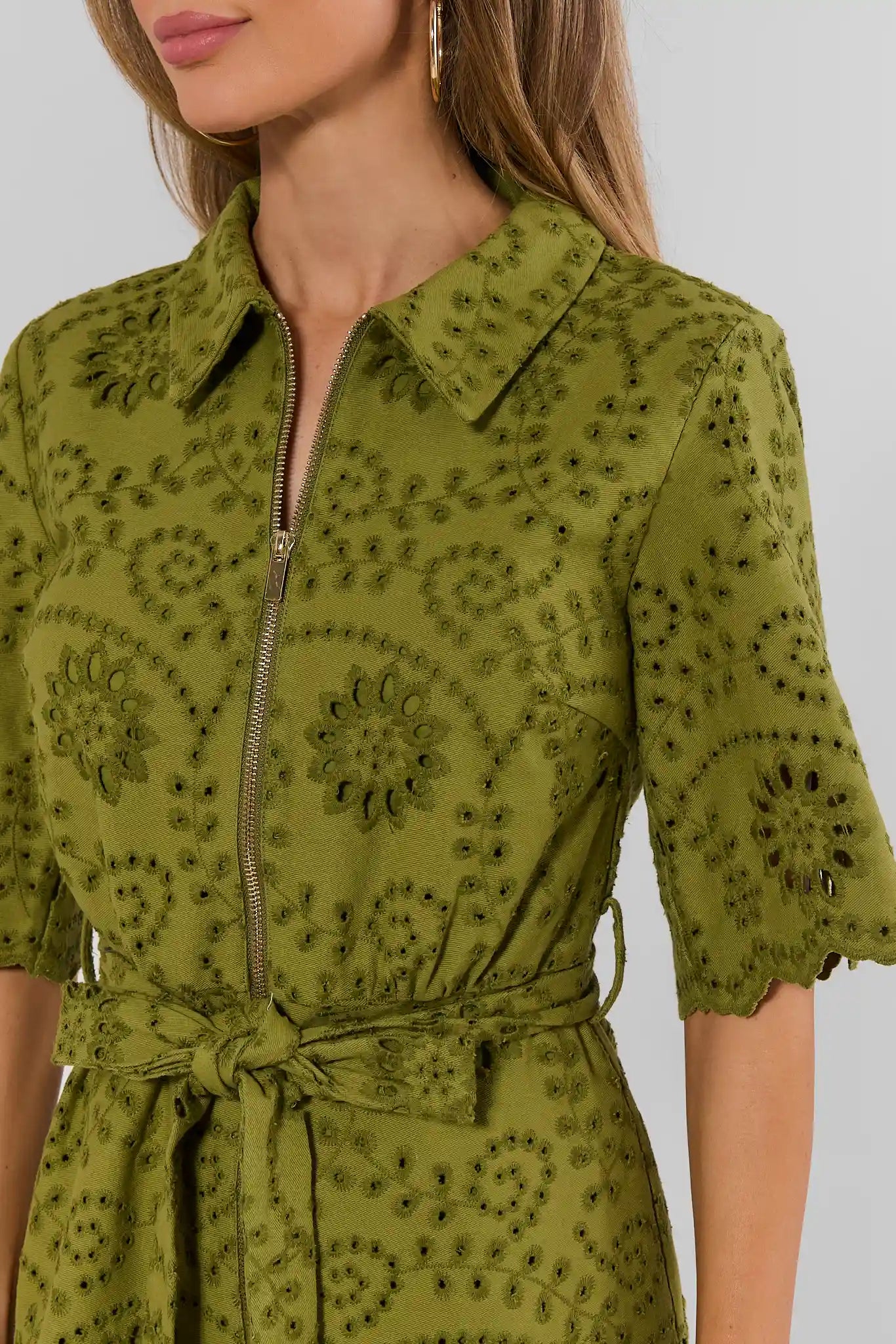 Green Eyelet Zip Up Short Dress