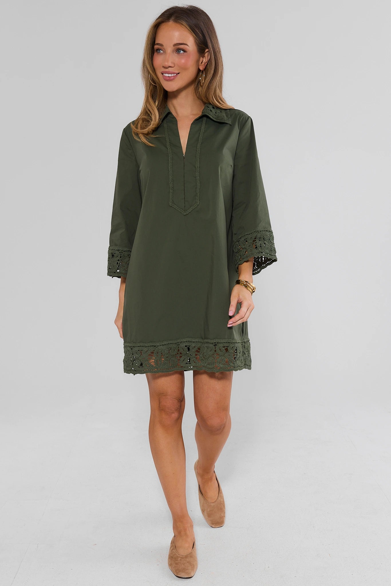 Green Crochet Trim Tunic Dress