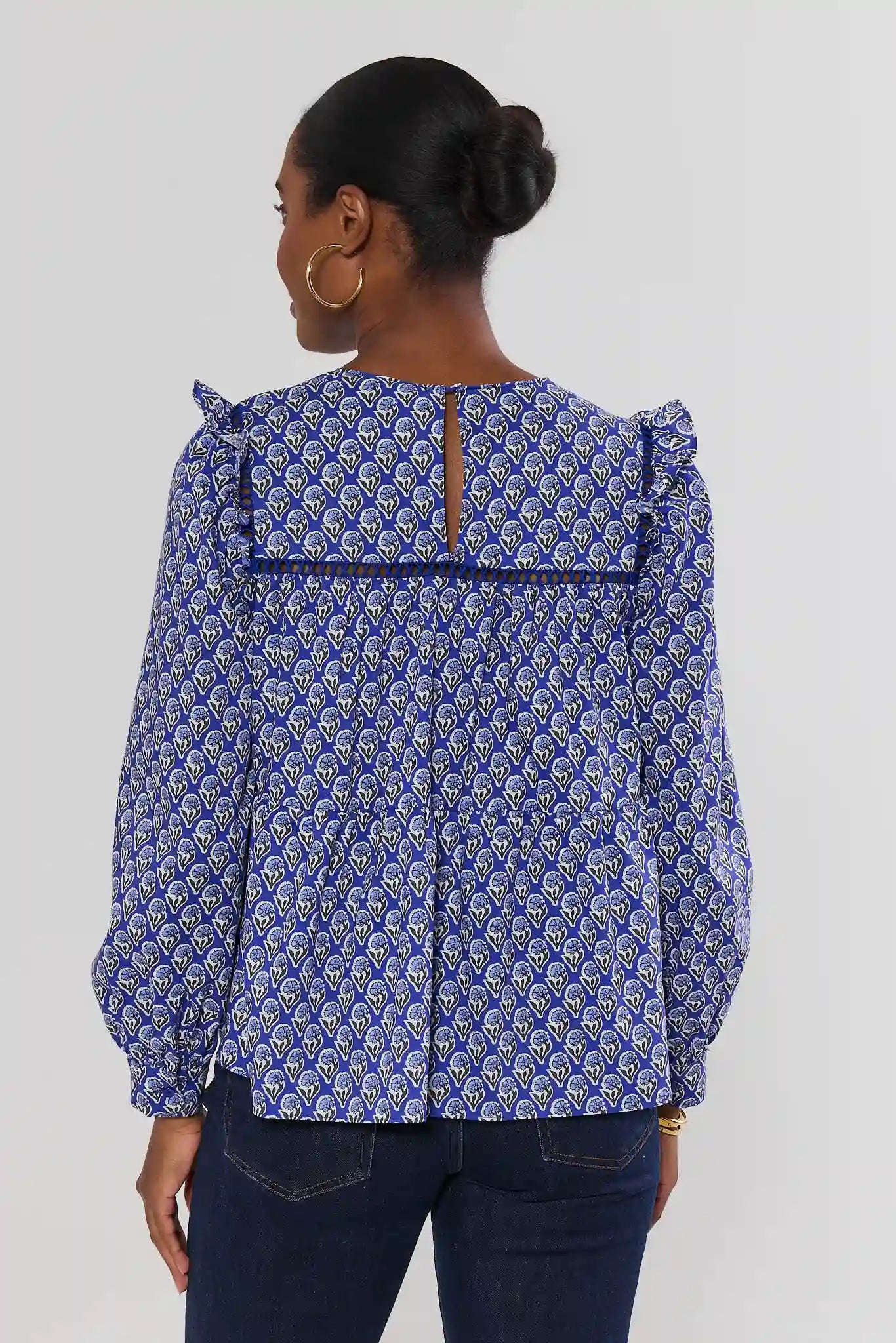 Gemma Blue Floral Ruffle Detail Top
