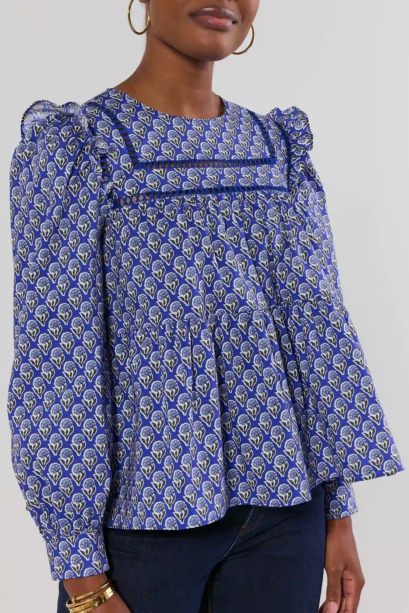 Gemma Blue Floral Ruffle Detail Top